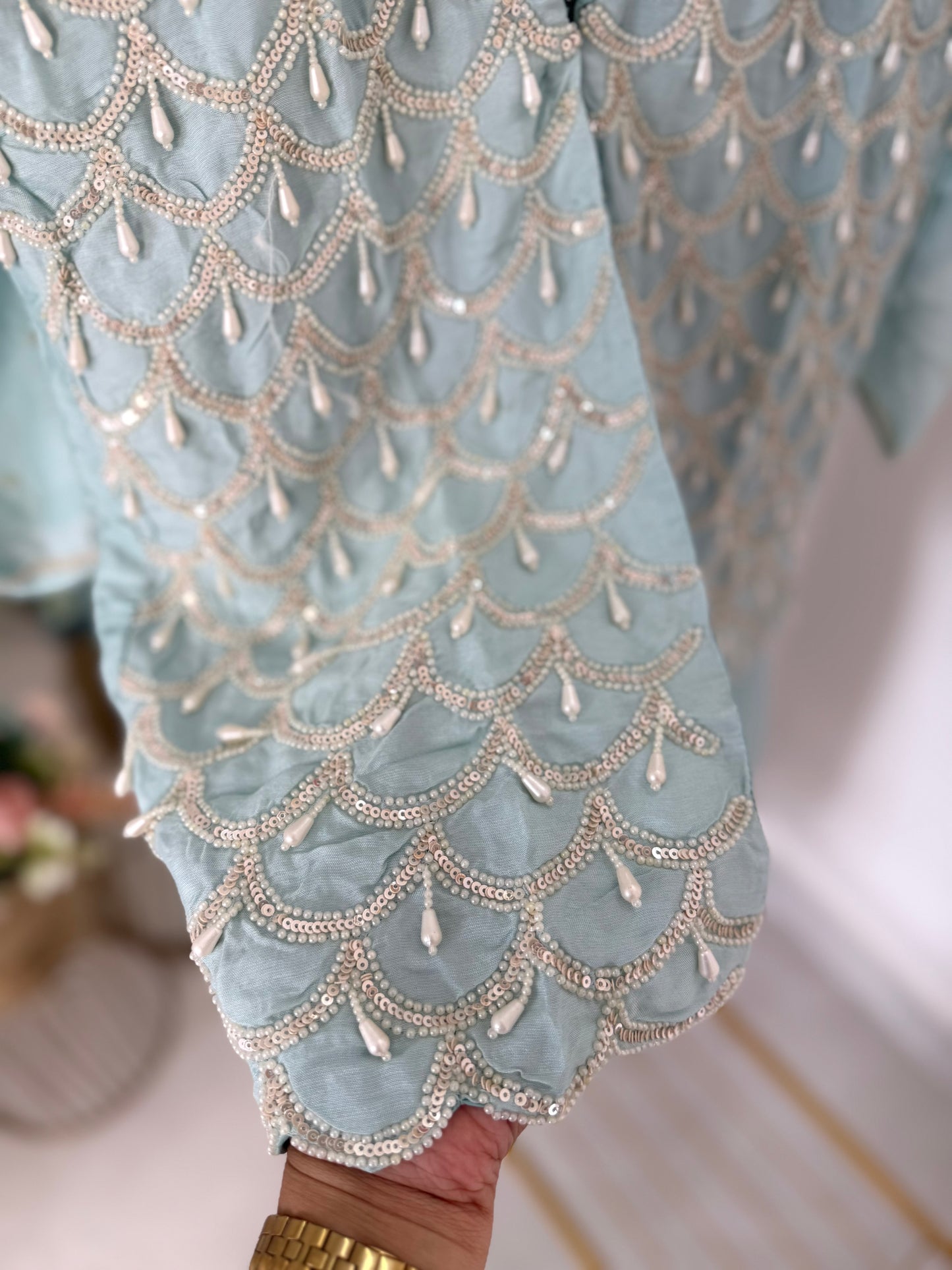 K523 - Pure chinnon handwork blazer , crop top inner and palazzo