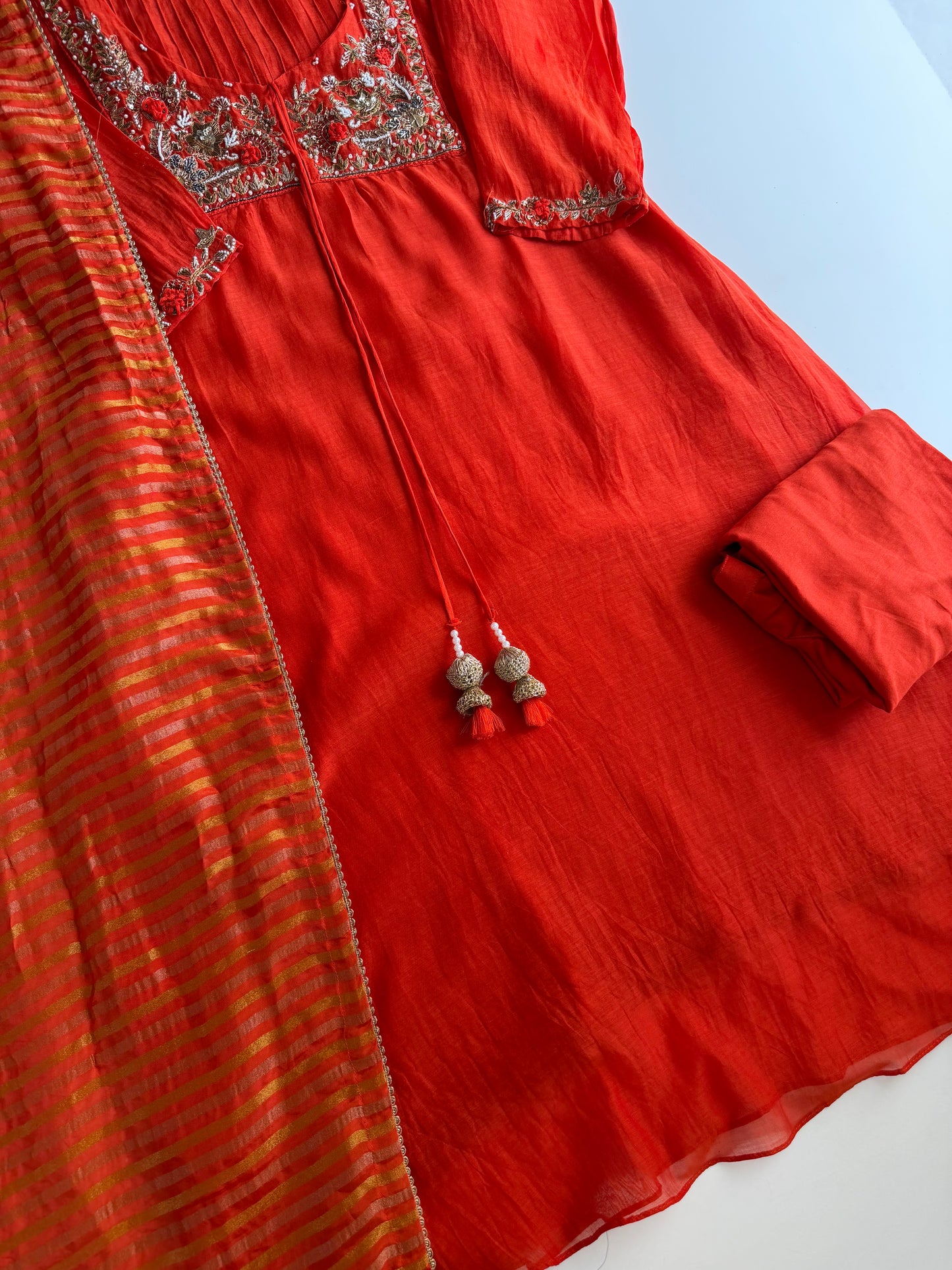 K521 - Mul chanderi Handwork aline Kurti with pants and dupatta