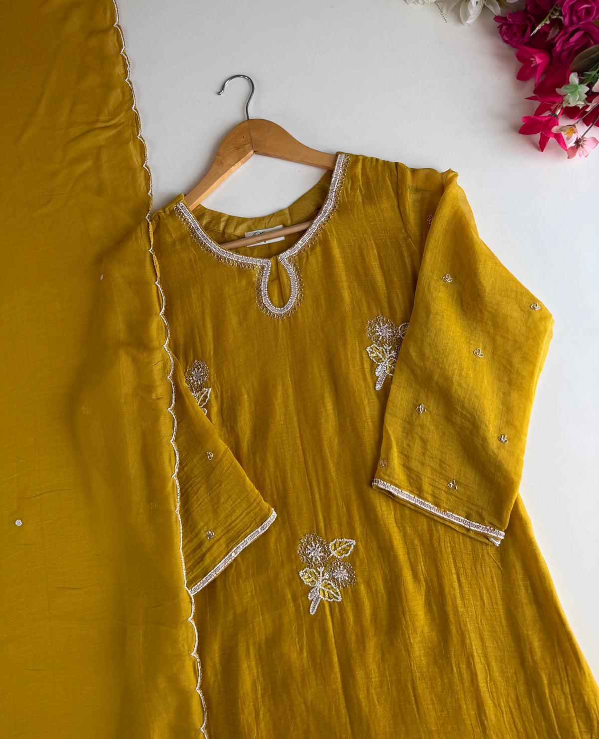 K582 - Mul chanderi handwork aline Kurti with pants and dupatta