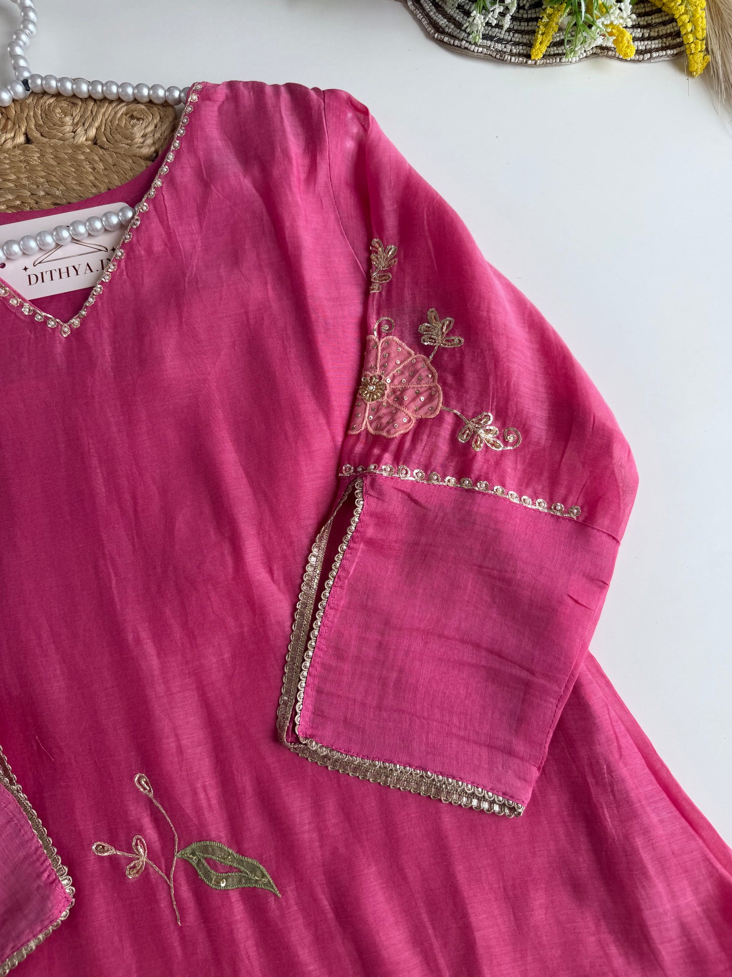 K538 - Mul chanderi handwork Aline Kurti with pants and dupatta