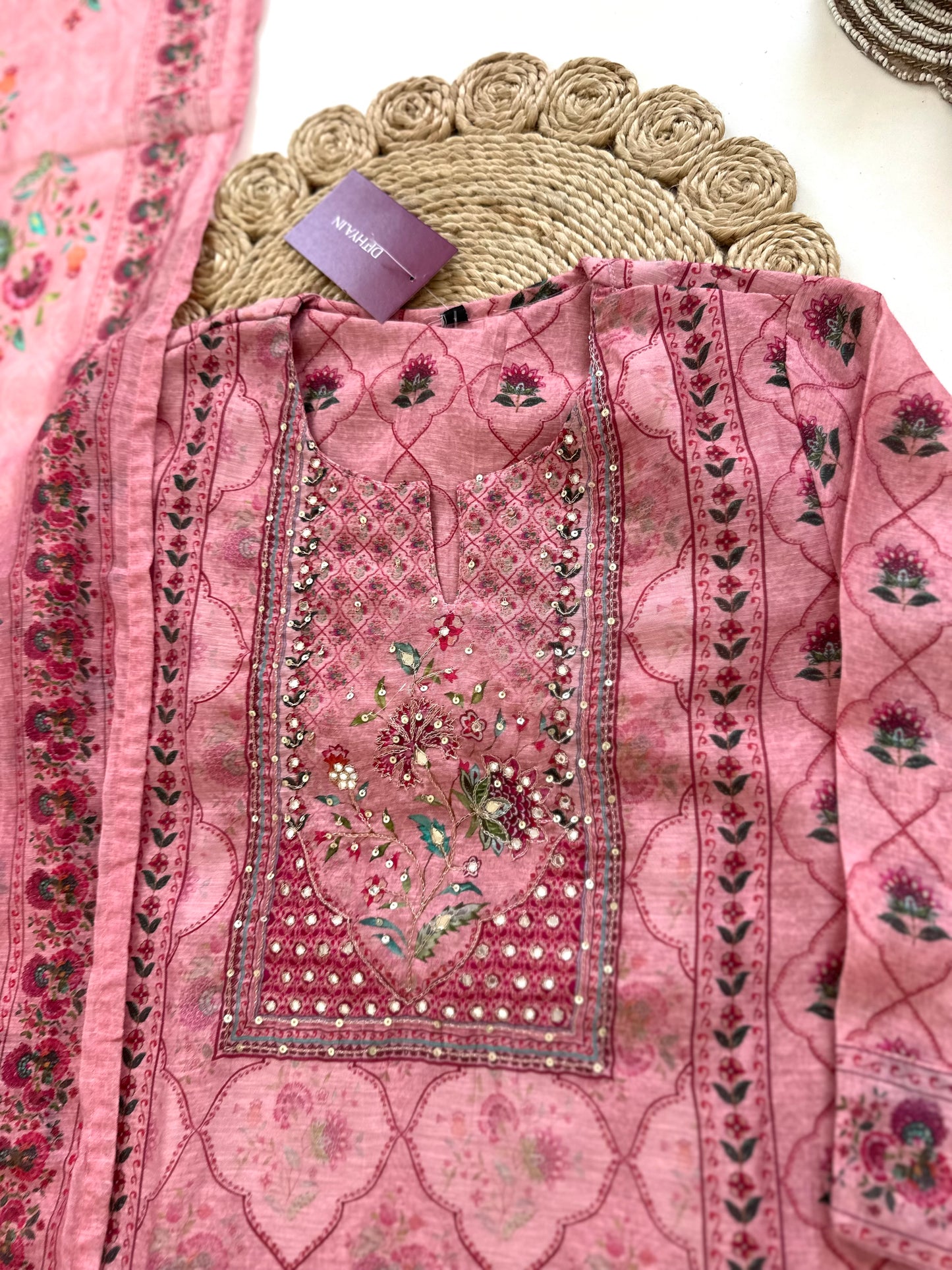 K027 - Soft chanderi handwork straight Kurti with  pants and dupatta in 2 colours