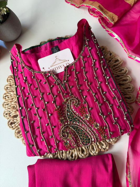 K595 - Mul chanderi ghungroo handwork Anarkali with pants and dupatta