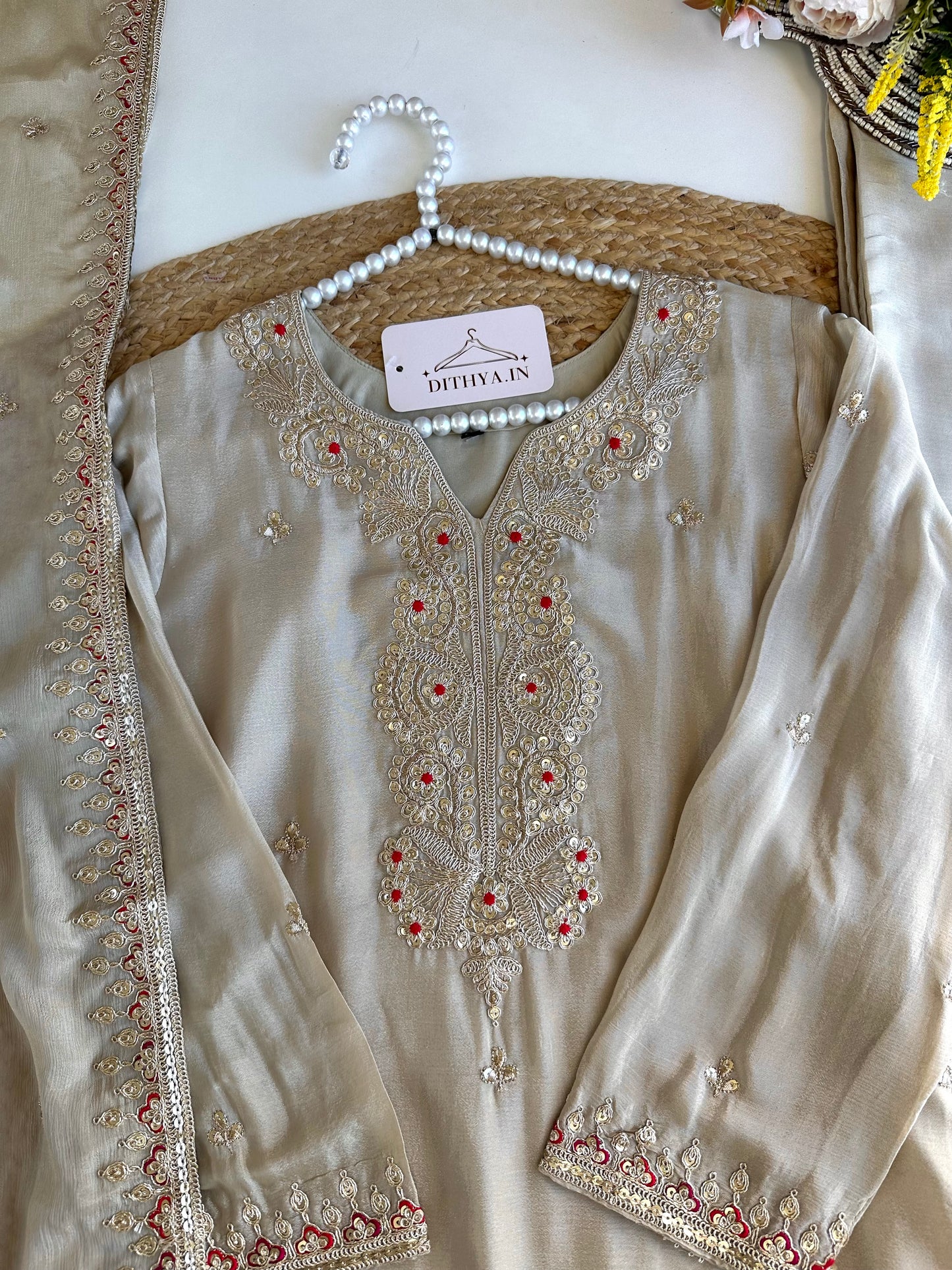 K435 - Chinnon zari work short Kurti with palazzo and dupatta
