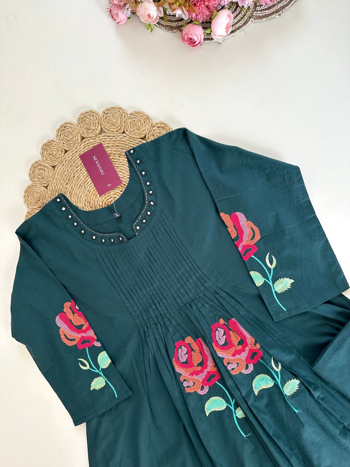 K268 - Cotton pleated embroidered Aline Kurti with pants