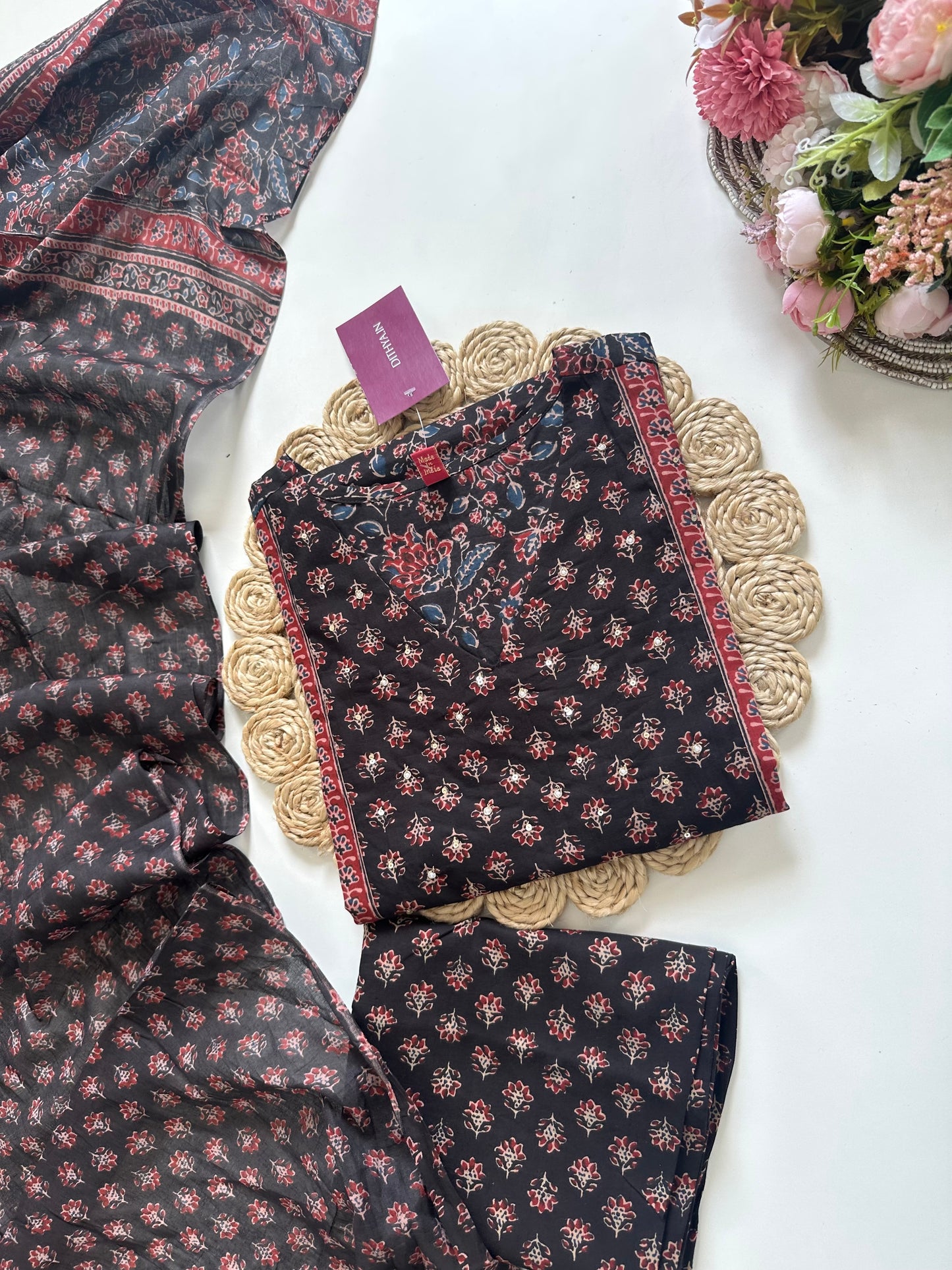 K015 - Cotton printed straight kurti with pants and dupatta.