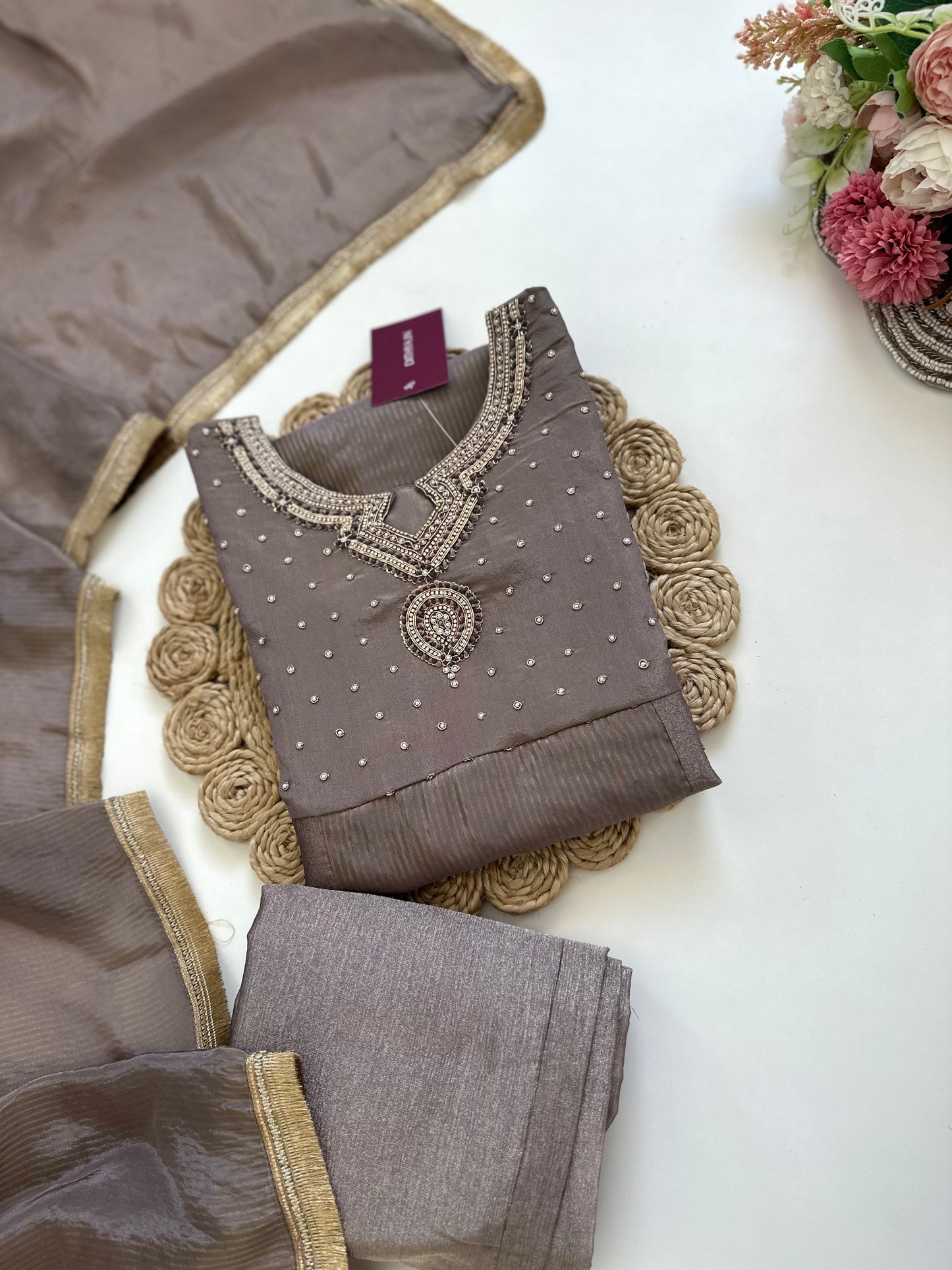 K128 - Tissue silk handwork Straight kurti with pants and dupatta .