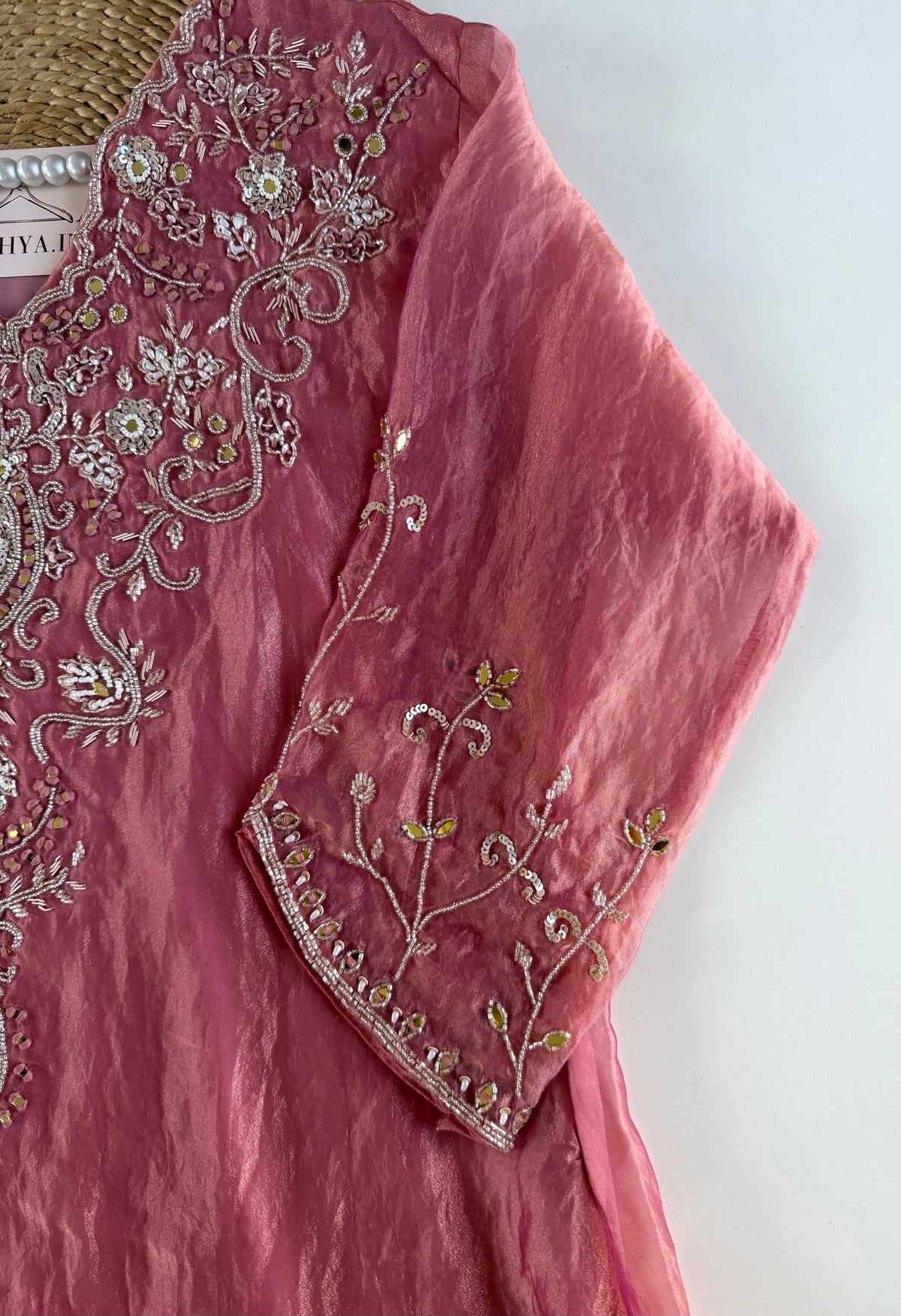K599 -Glass tissue silk handwork aline Kurti with pants and dupatta