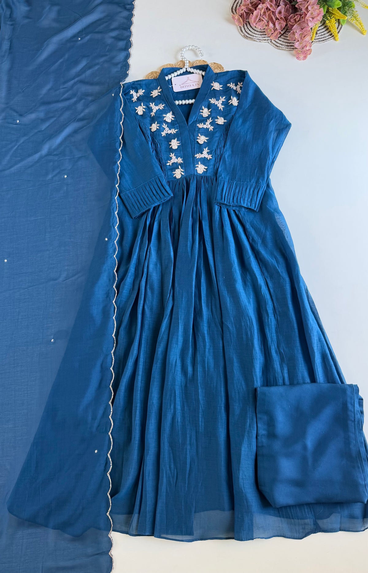 K517 - Mul chanderi handwork Anarkali with pants and dupatta