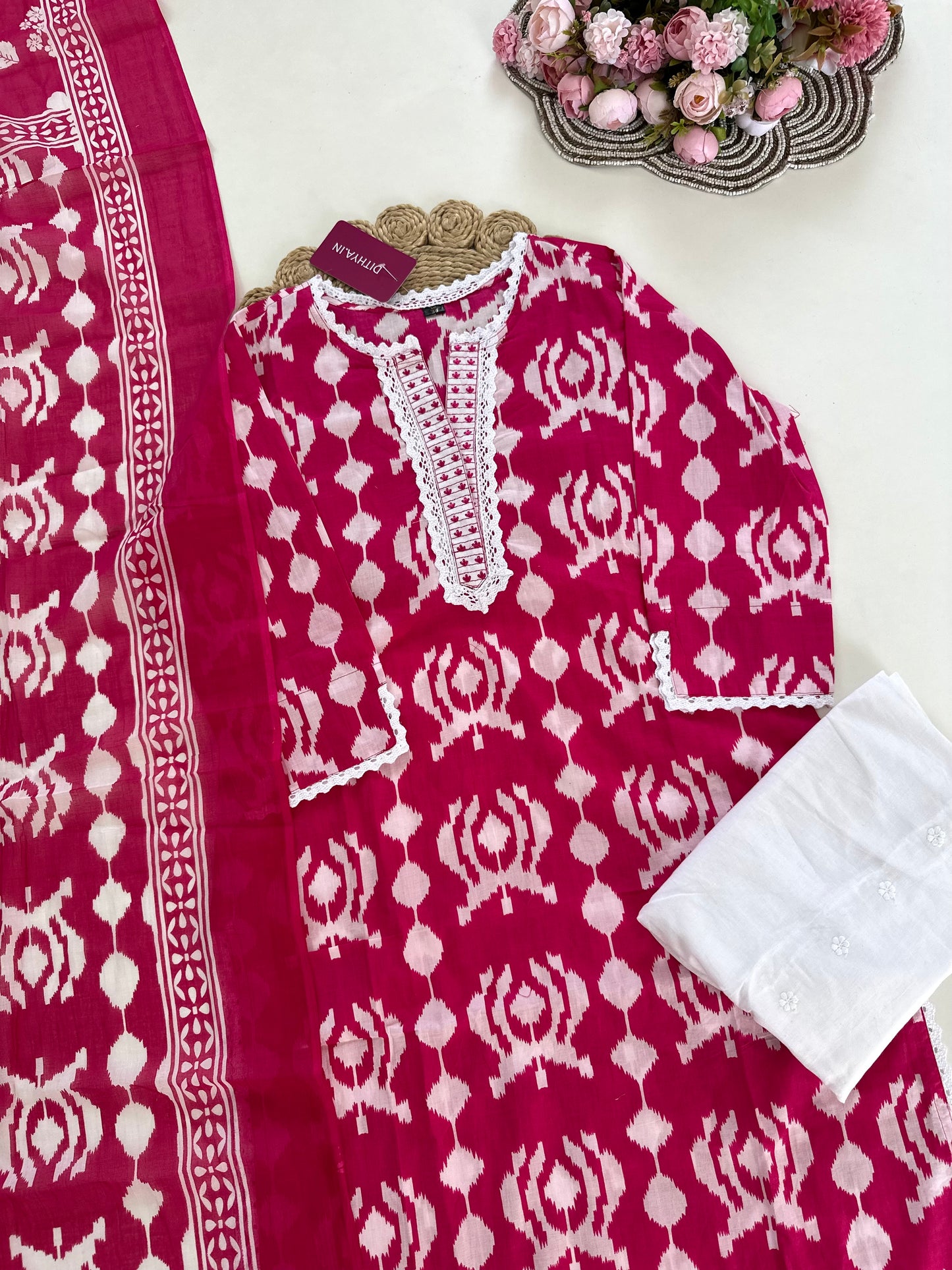 K111 - Cotton embroidered straight Kurti with pants and dupatta