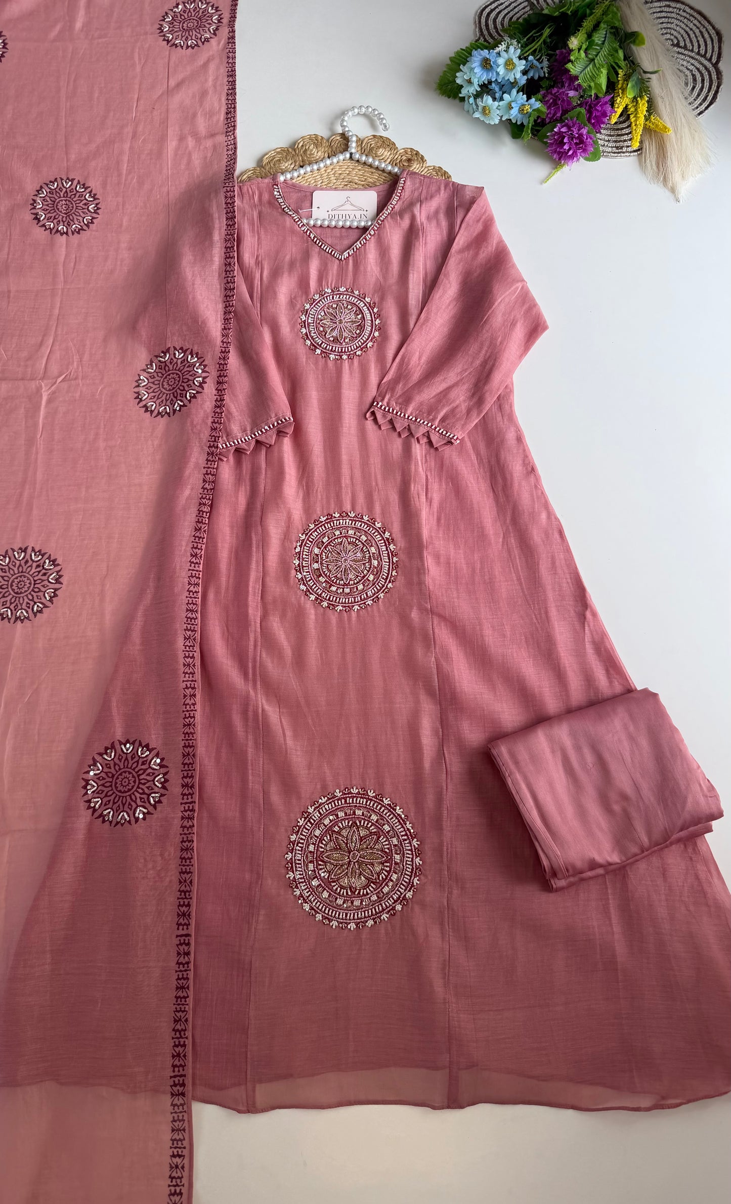 K560 - Mul chanderi Handwork Aline Kurti with pants and dupatta