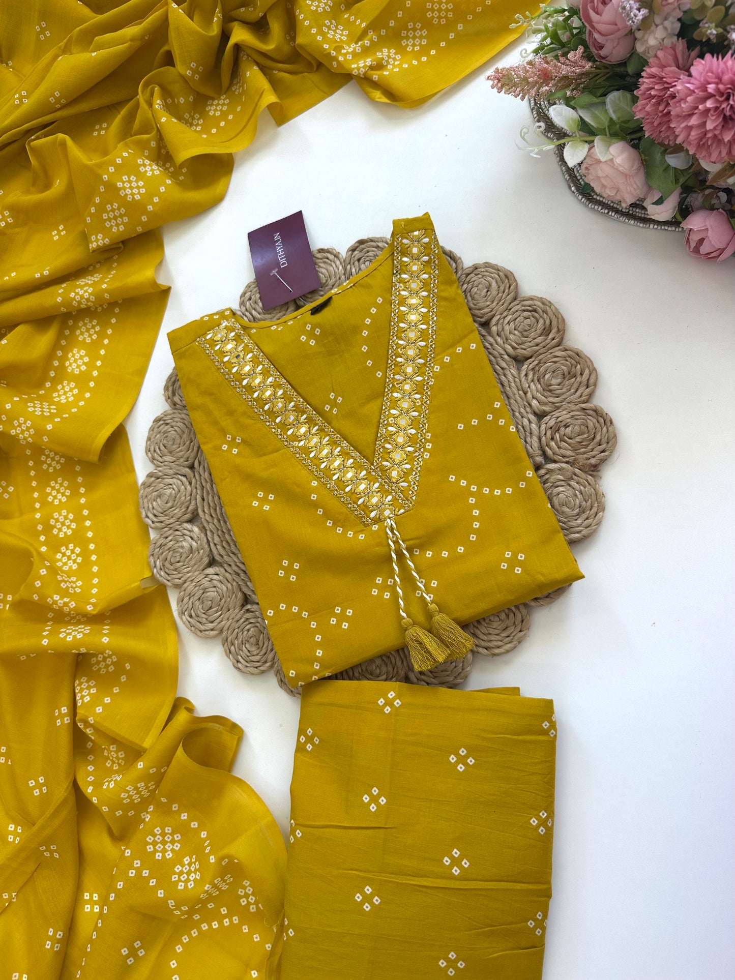 K053 - Cotton Aline Kurti with pants and dupatta in colours