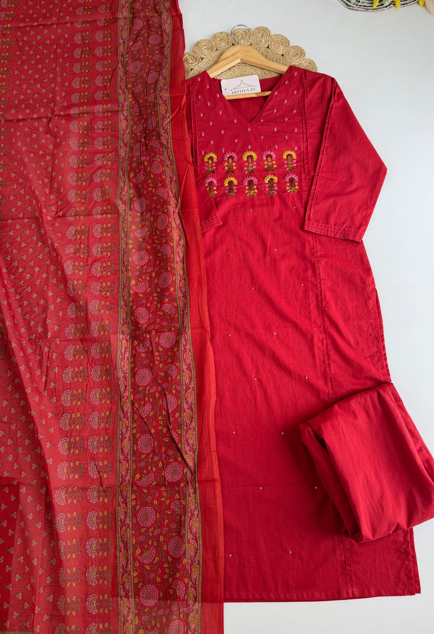 K555 - Mul cotton embroidered straight Kurti with pants and dupatta