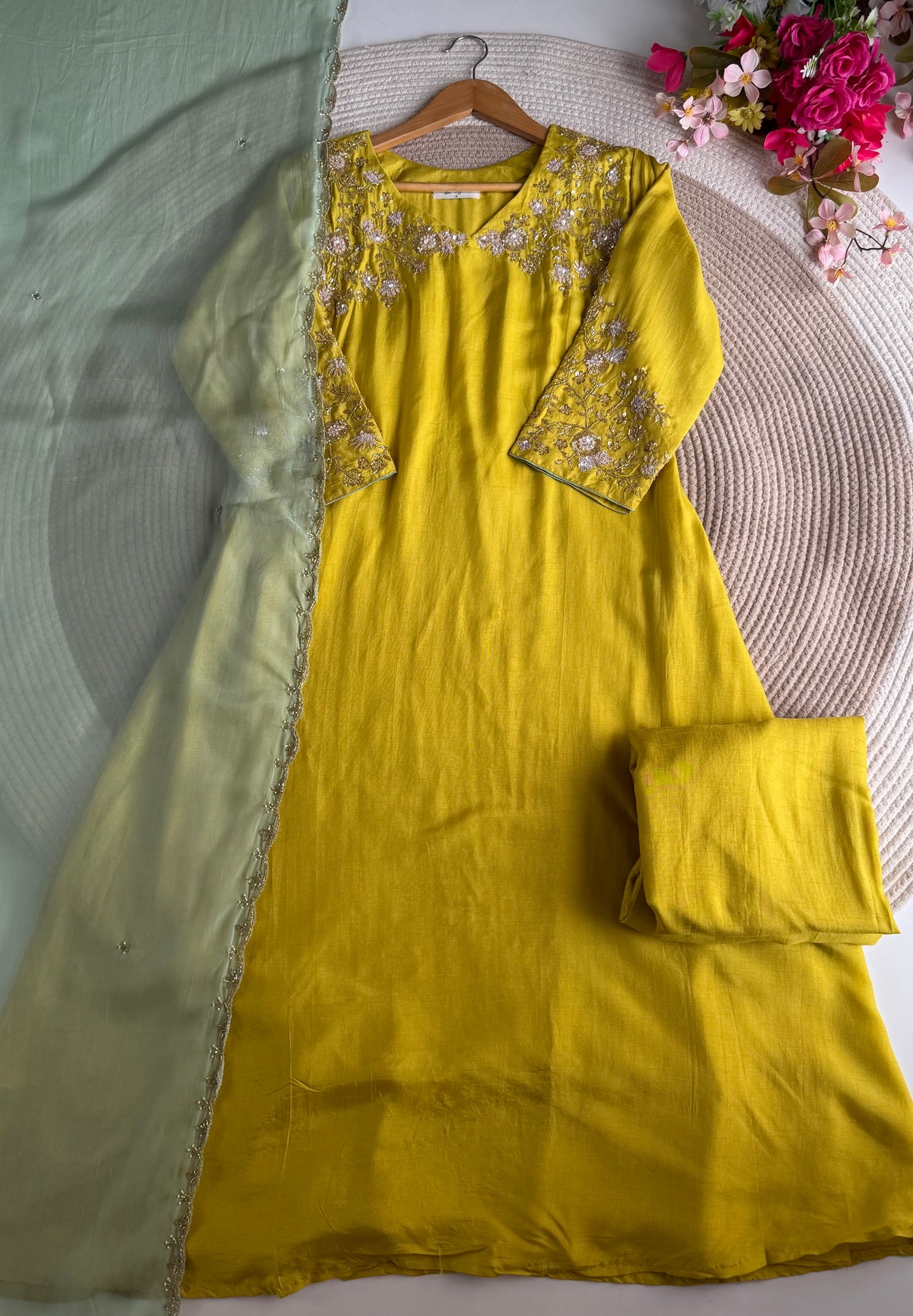 K352 - Russian silk handwork aline Kurti with pants and dupatta