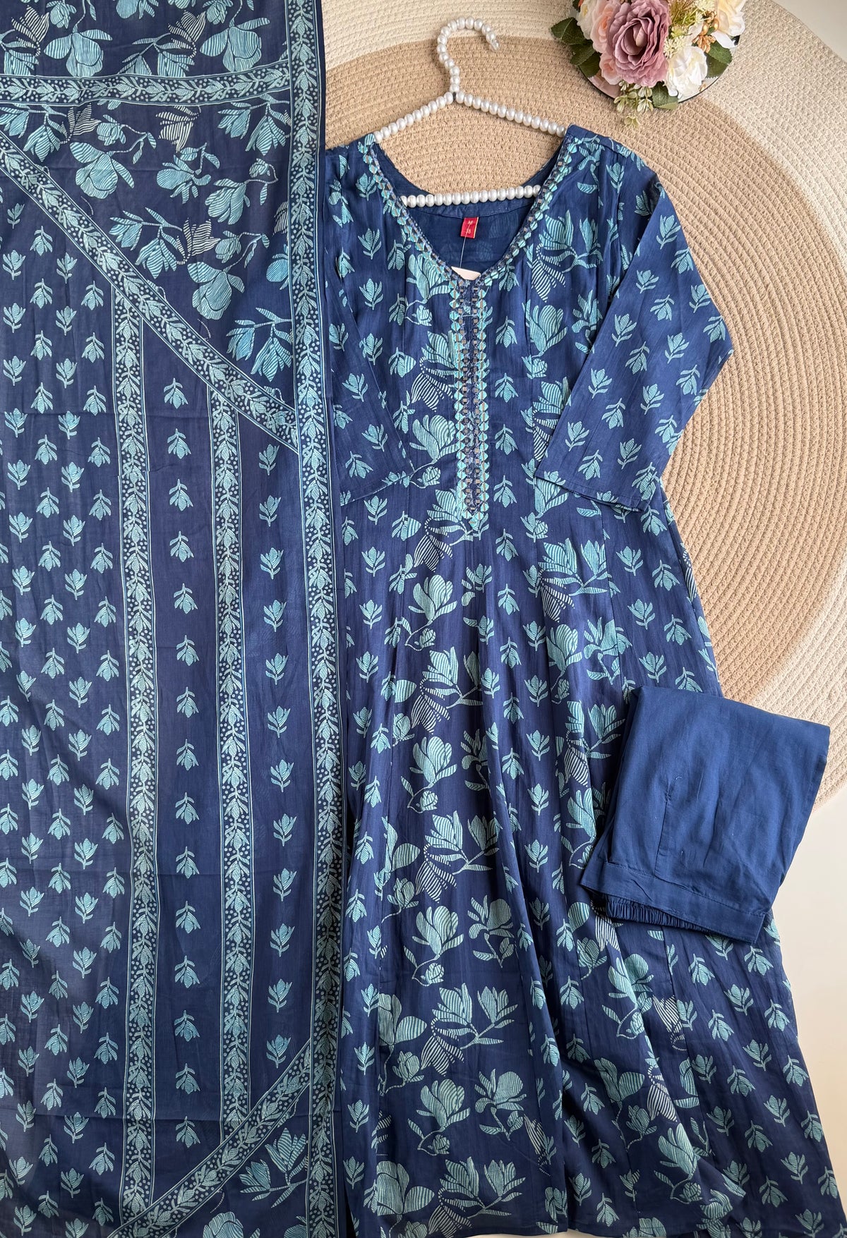 K559 - Mul cotton printed Anarkali with pants and dupatta in 2 colours
