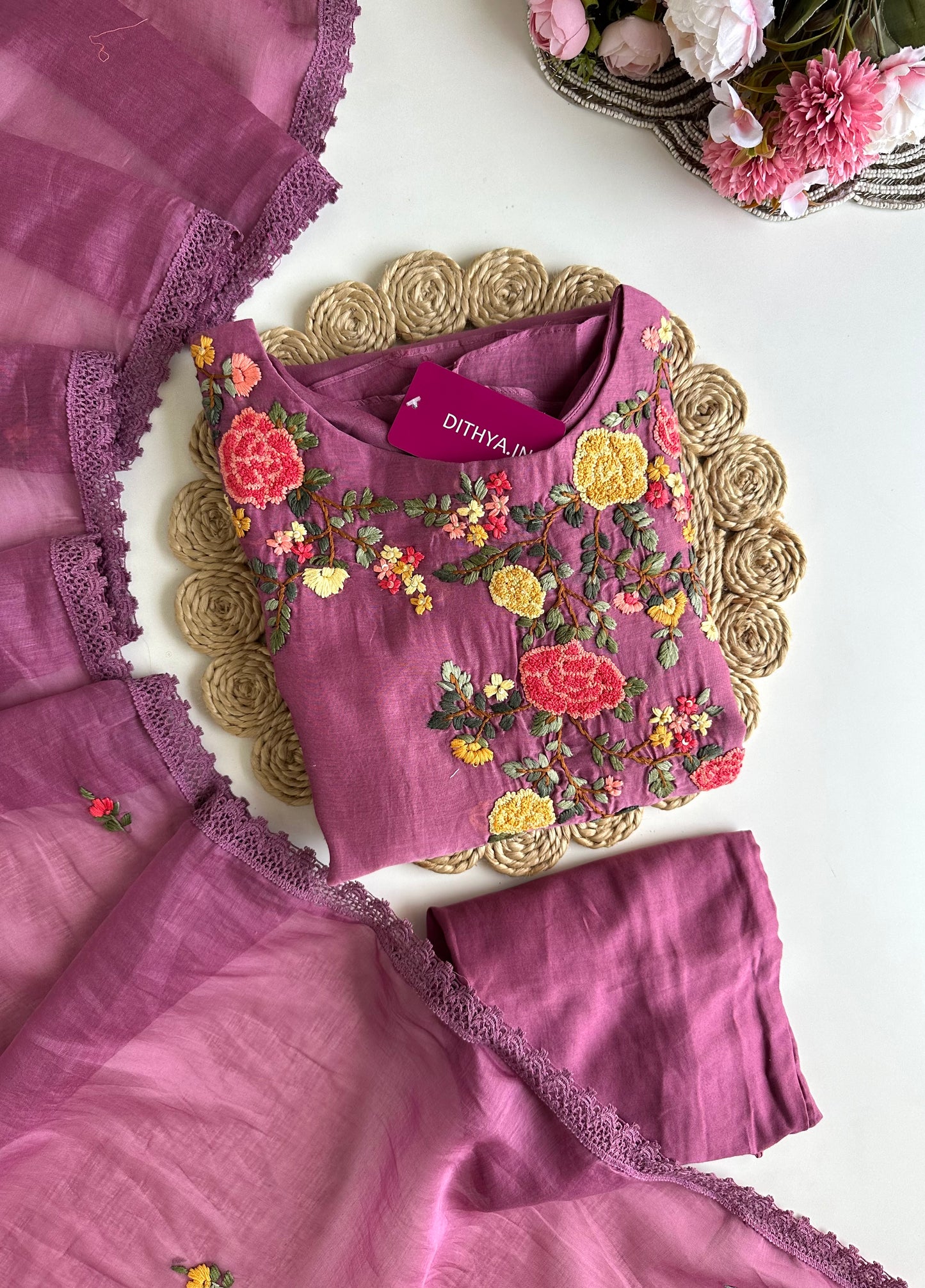 K257 - Mul Chanderi embroidered Aline Kurti with pants and dupatta