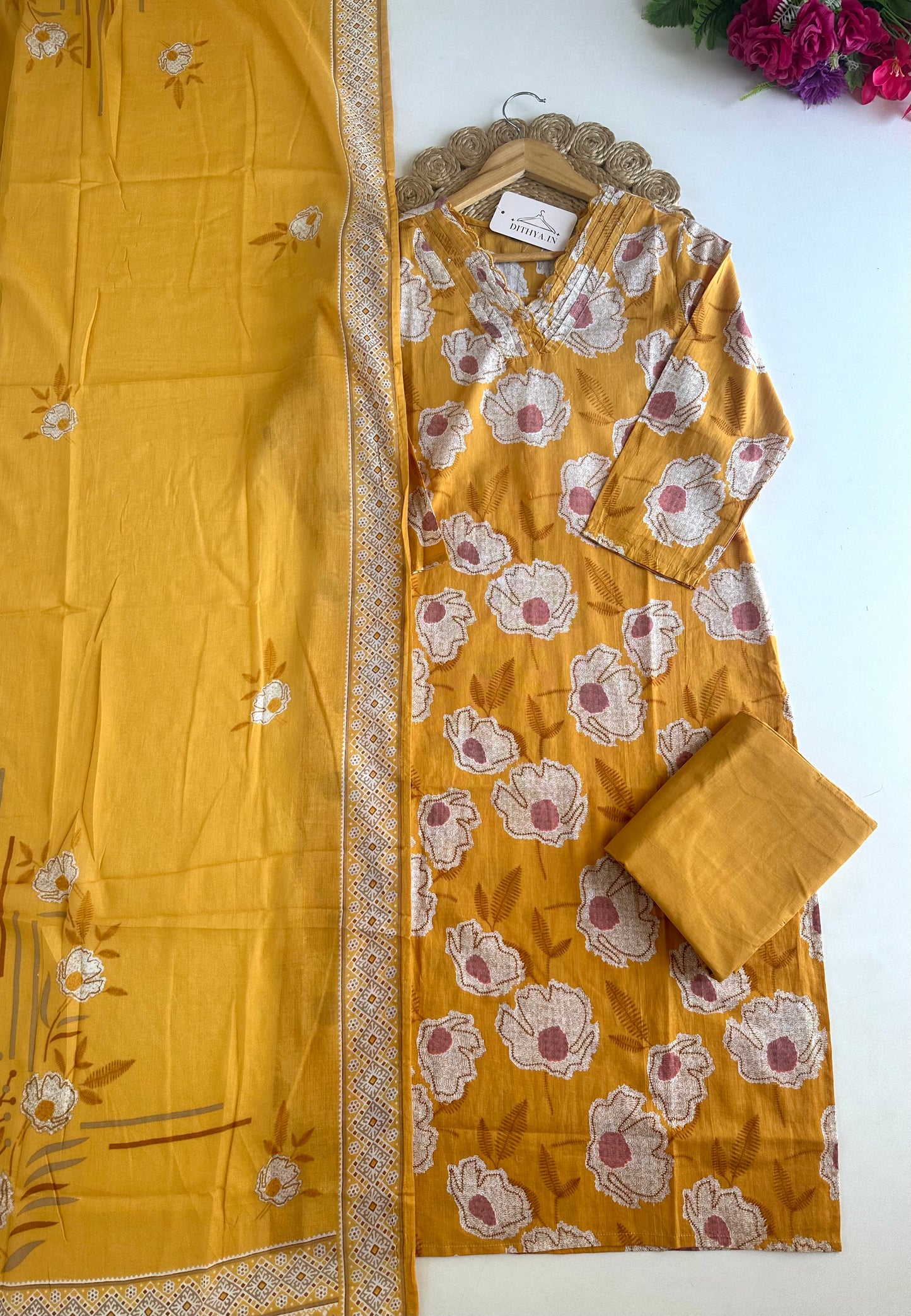 K221 - Mul cotton printed straight Kurti with pants and dupatta