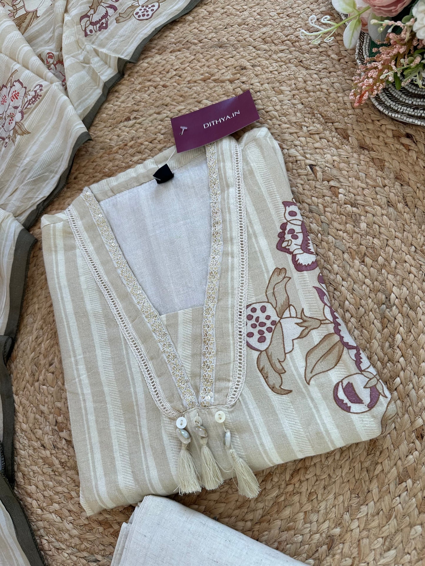K264 - Cotton Collar neck straight kurti with pants and dupatta