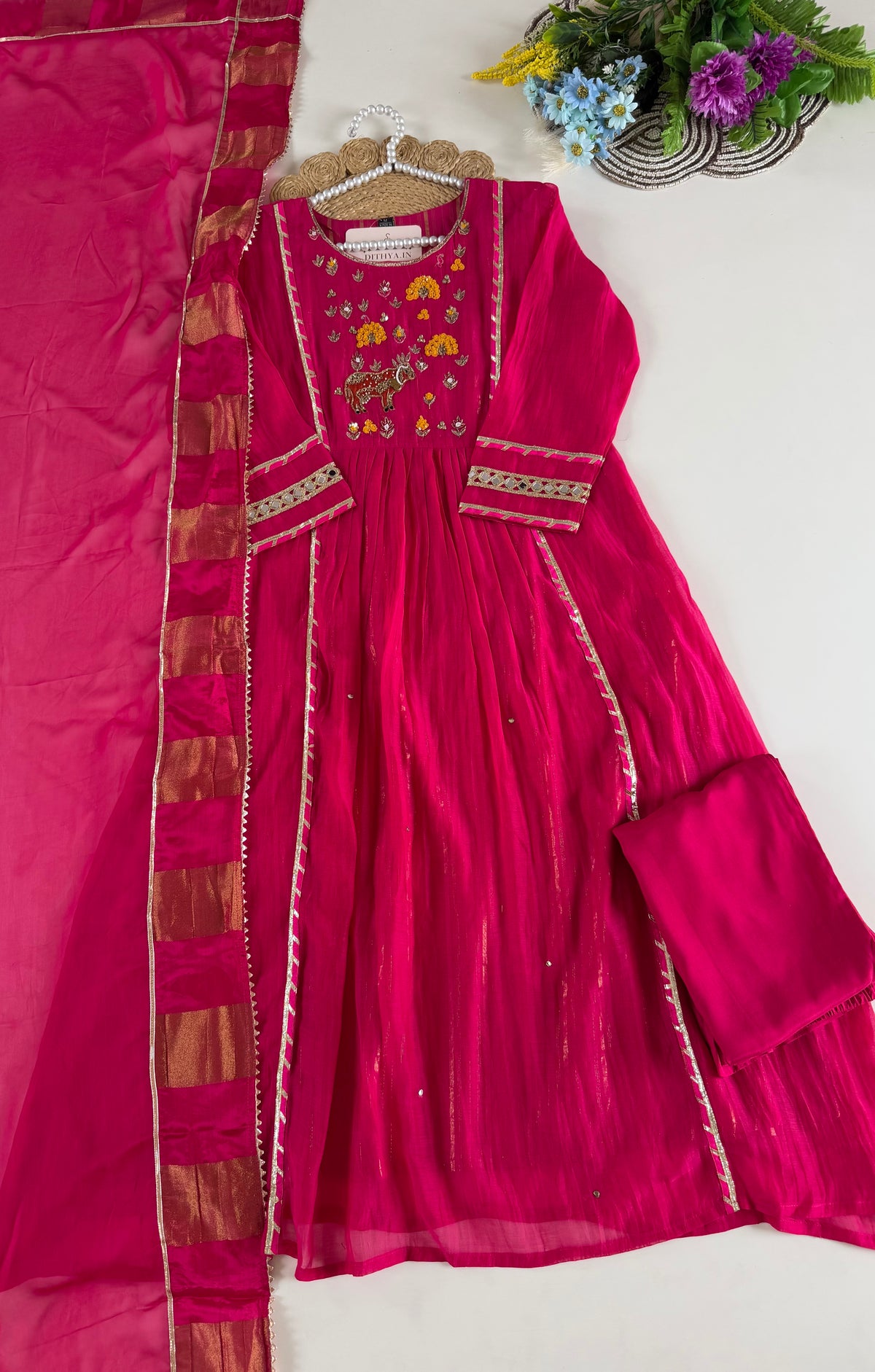 K397 - Mul chanderi handwork Anarkali with pants and dupatta