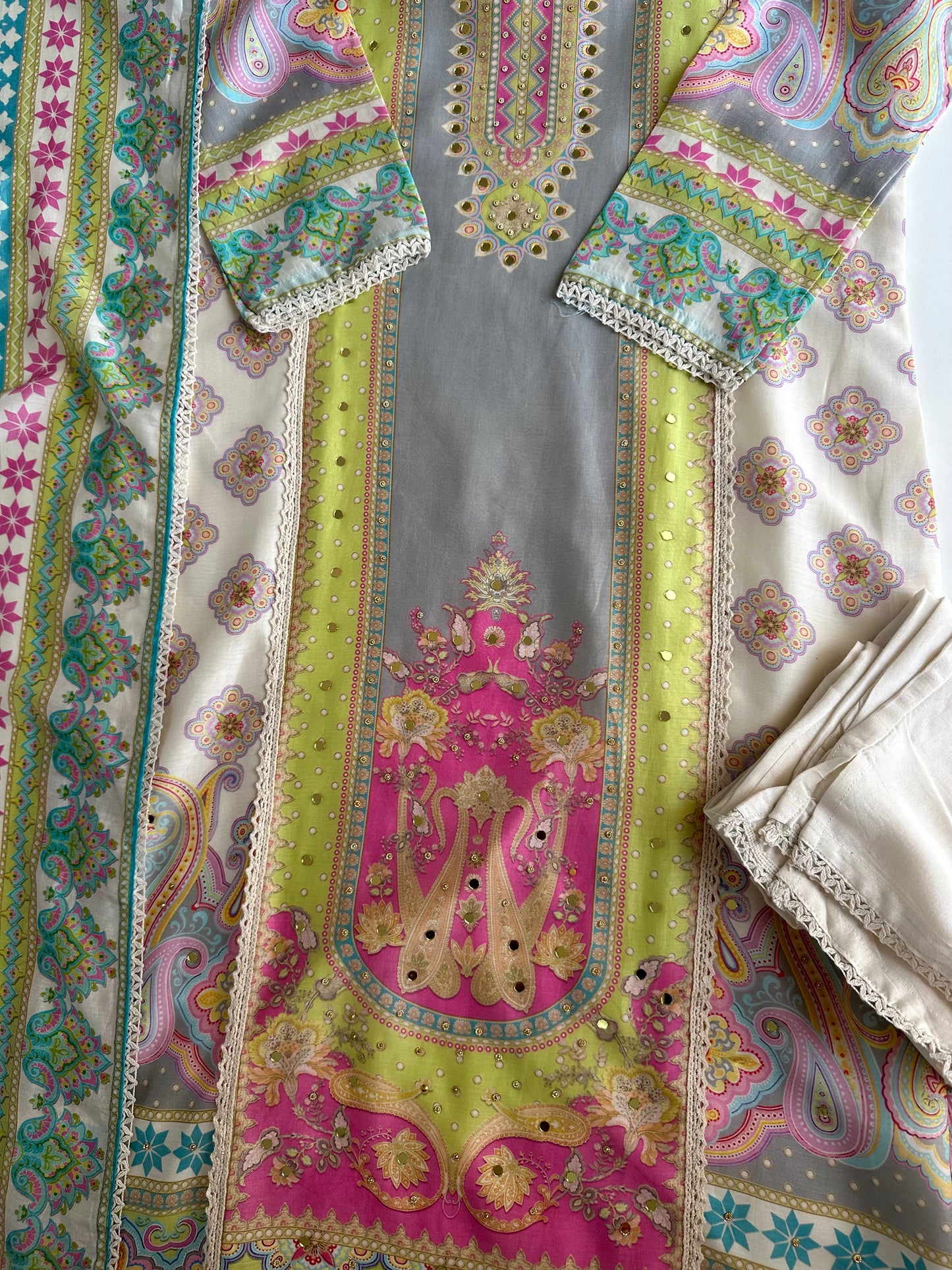 K210 - Pure muslin handwork straight Kurti with pants and dupatta