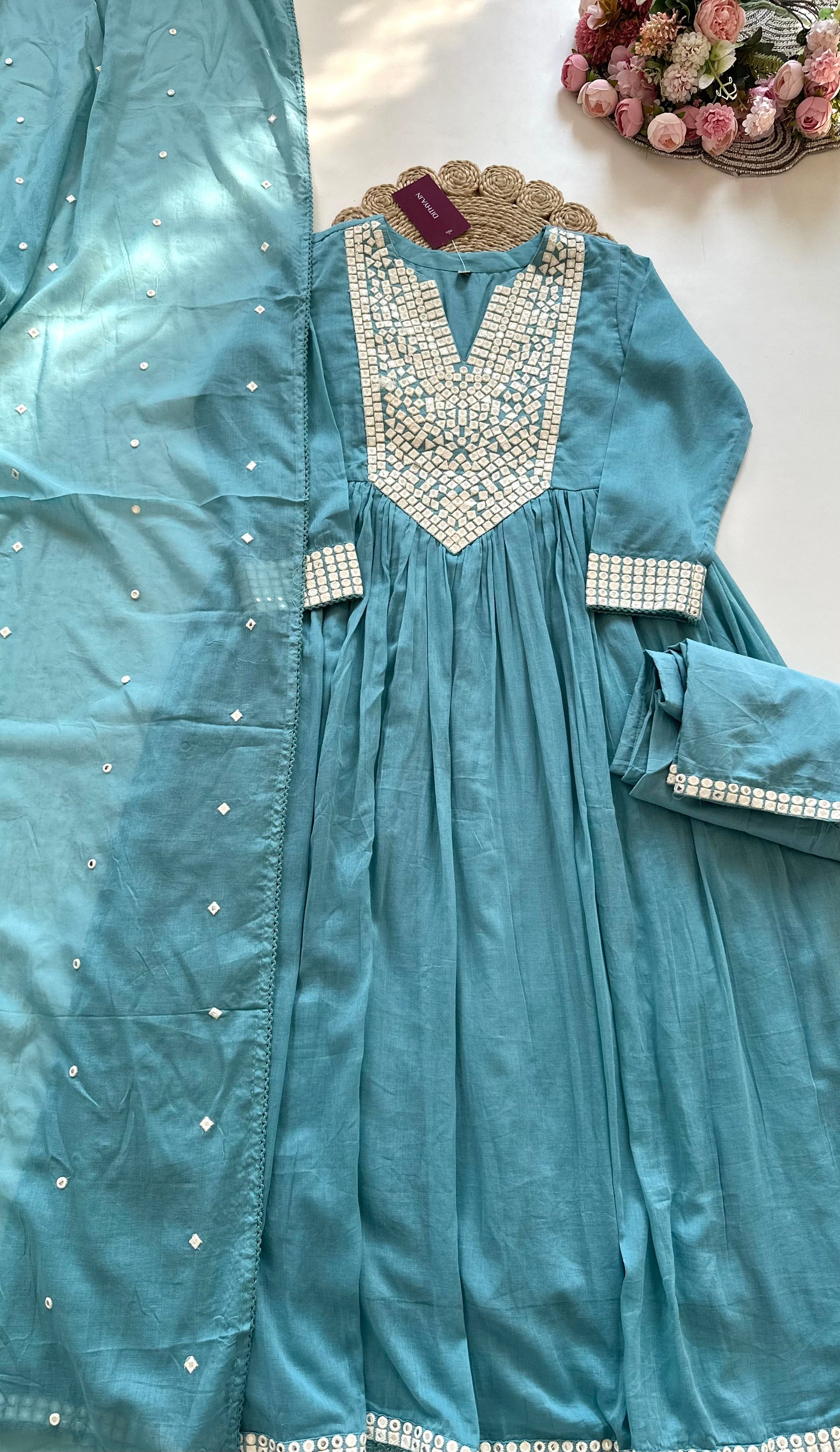 K116 - Mul mul cotton mirror work Anarkali with pants and dupatta in 2 colours