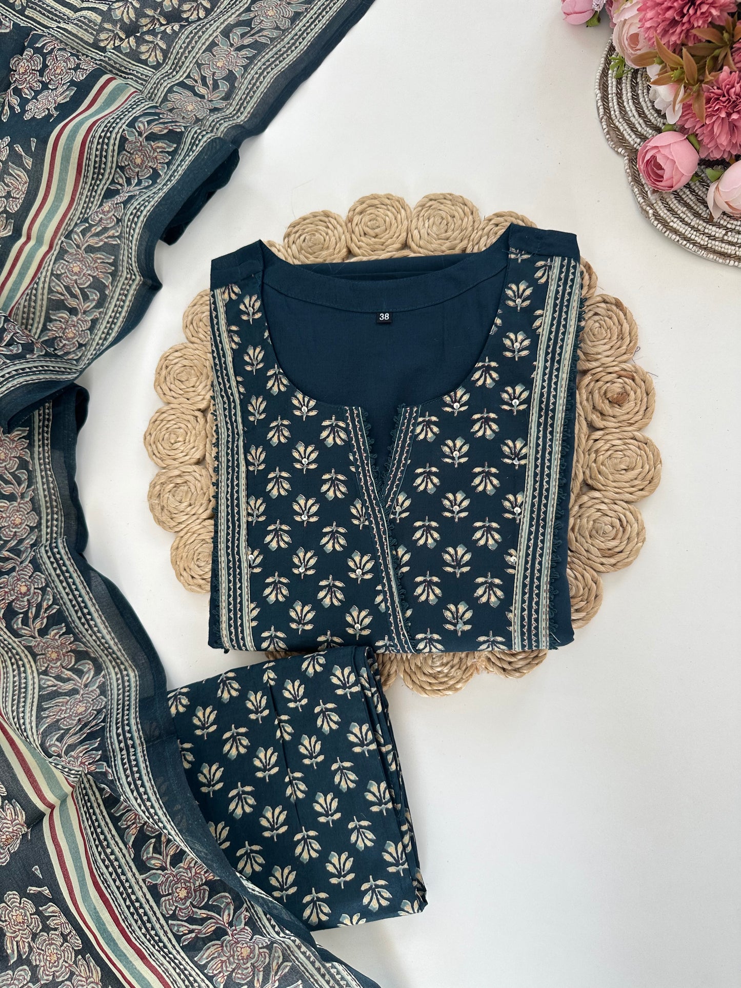K281 - Cotton printed straight Kurti with pants and dupatta