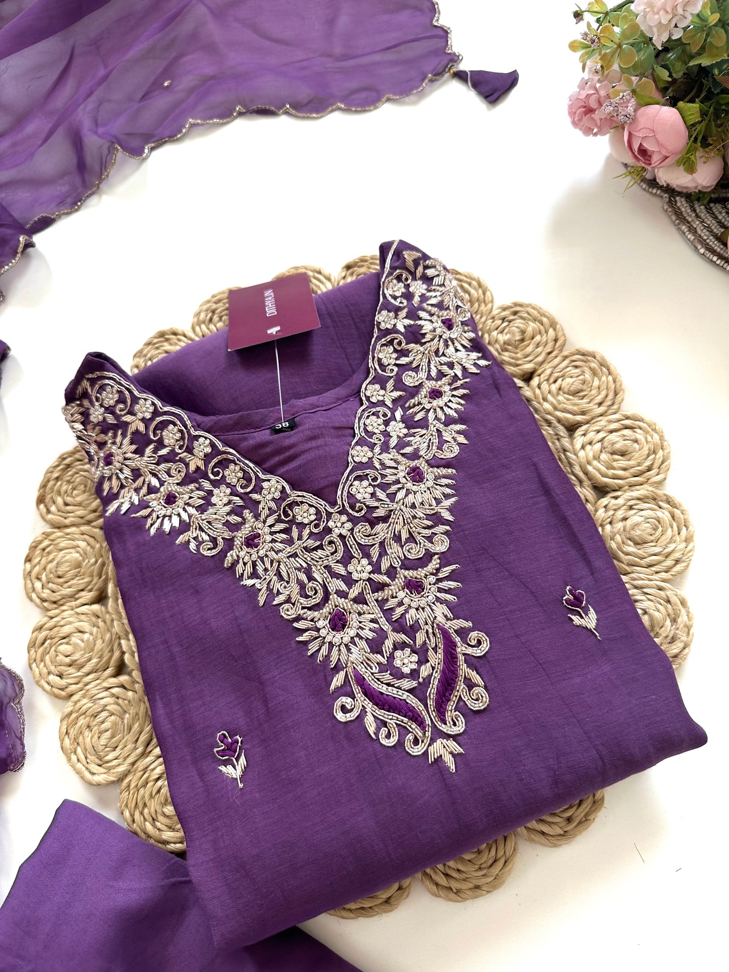 K126 - Zardosi mul Chanderi Aline Kurti with pants and dupatta