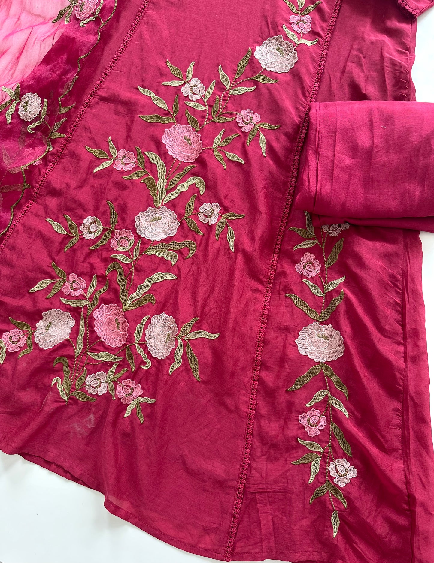 K379 - Mul Chanderi appliqué work Aline Kurti with pants and dupatta in 2 colours