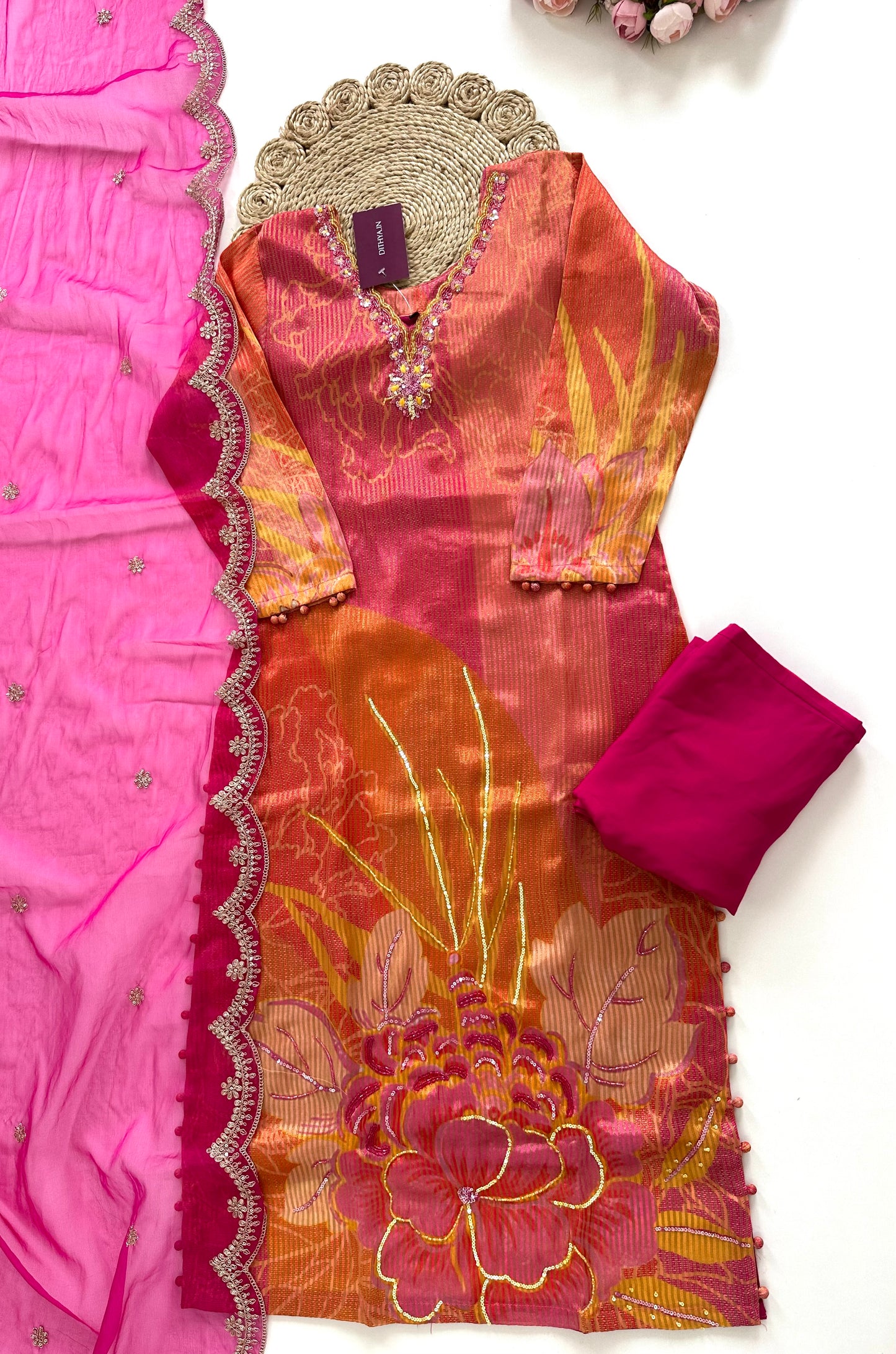 K221 - Tissue silk self weaving handwork straight Kurti with pants and dupatta in 2 prints