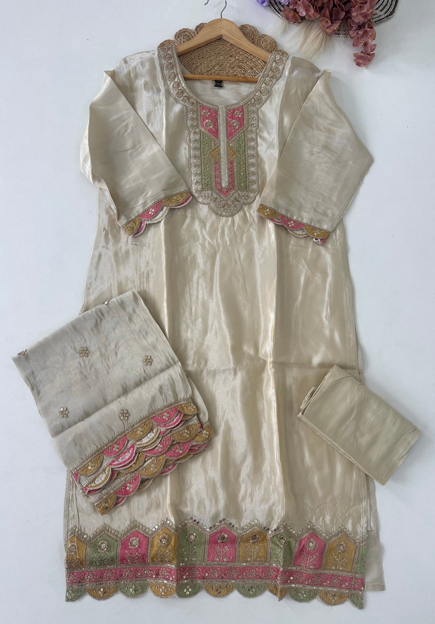 D244 - Tissue silk straight kurti with pants and dupatta