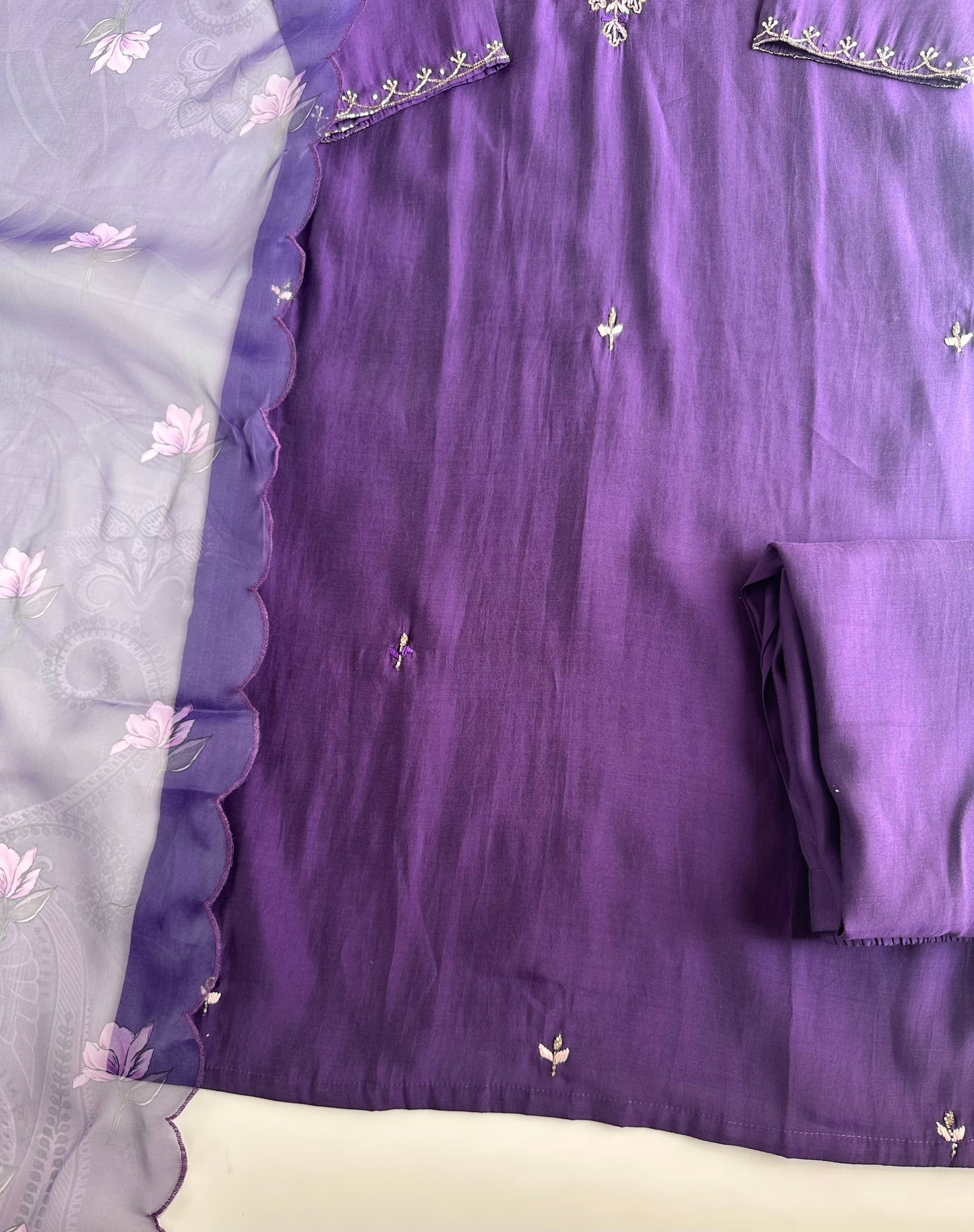 K091 - Roman silk Handwork straight Kurti with pants and dupatta