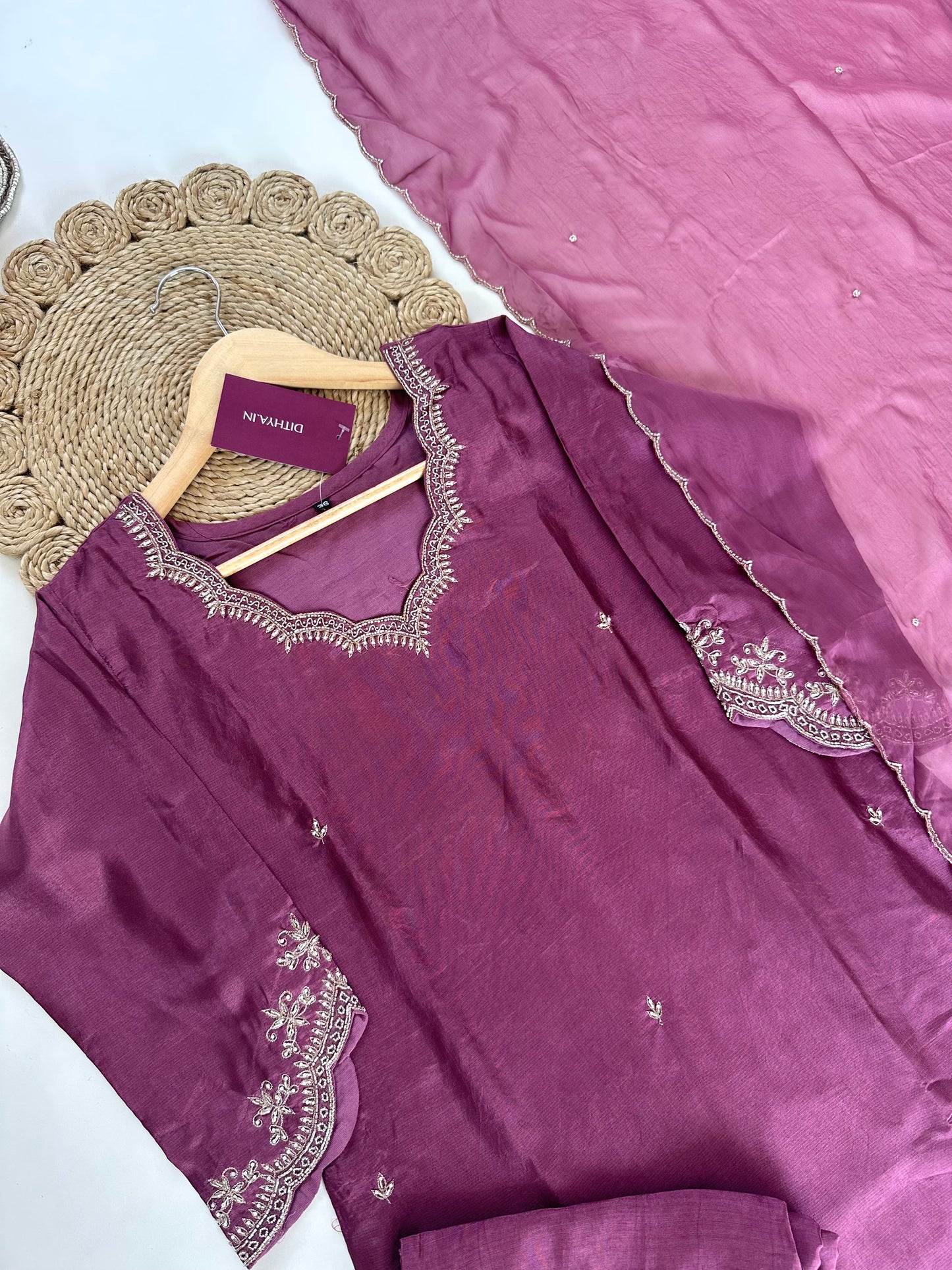 K254 - Russian silk Zardosi work straight kurti with palazzo and dupatta .