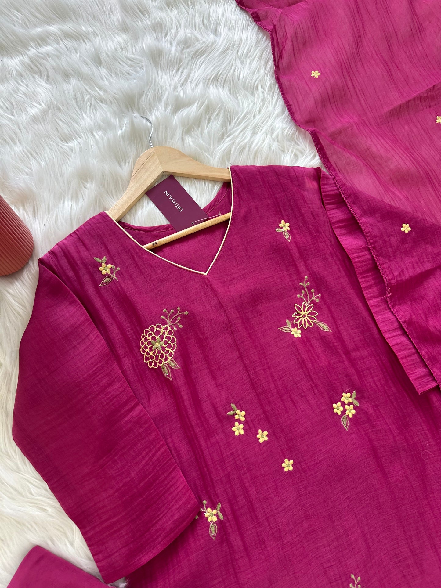 K286 - Mul Chanderi embroidered Aline kurti with palazzo pants and dupatta
