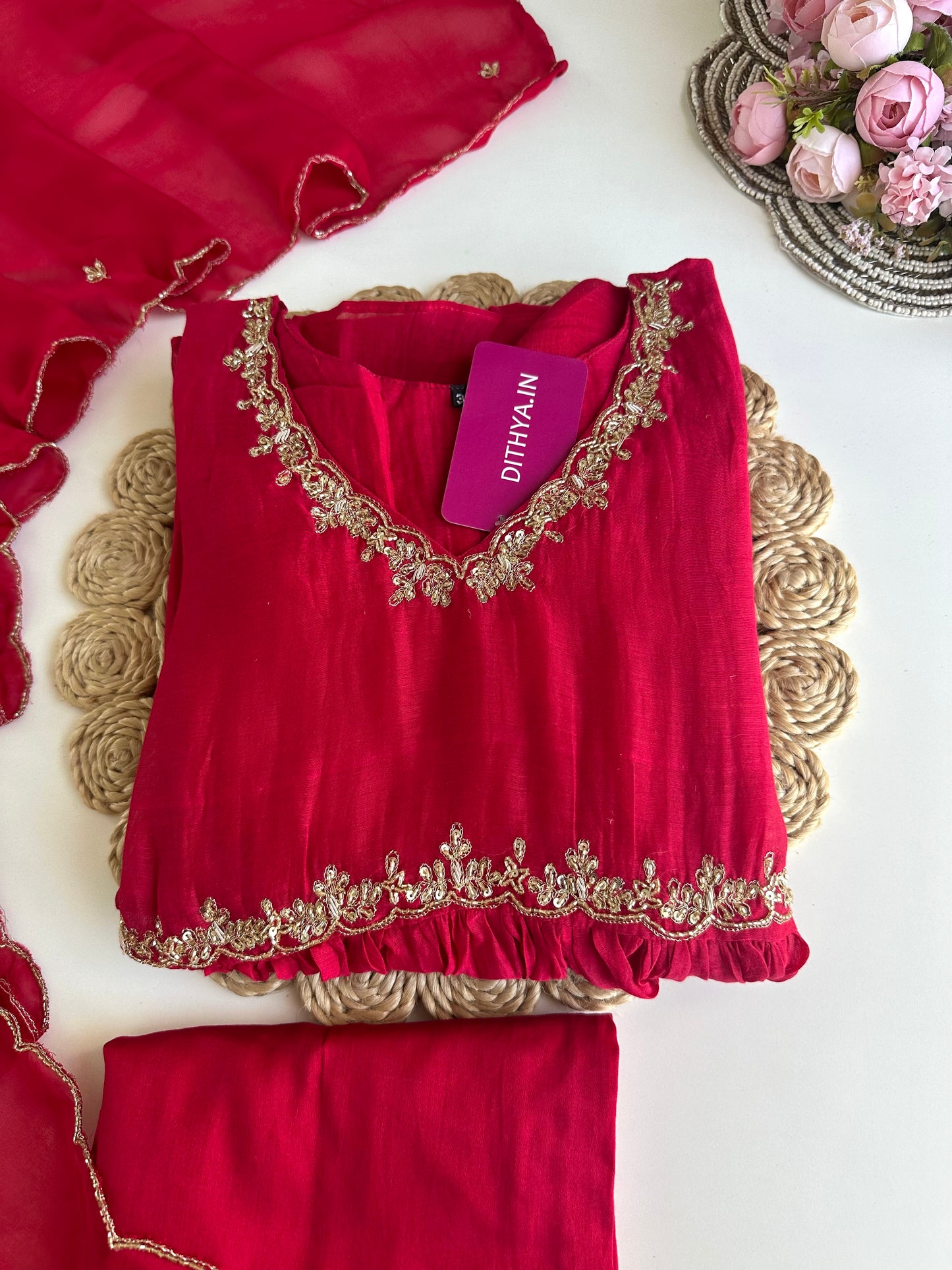 K324 - Mul Chanderi handwork Aline Kurti with pants and dupatta