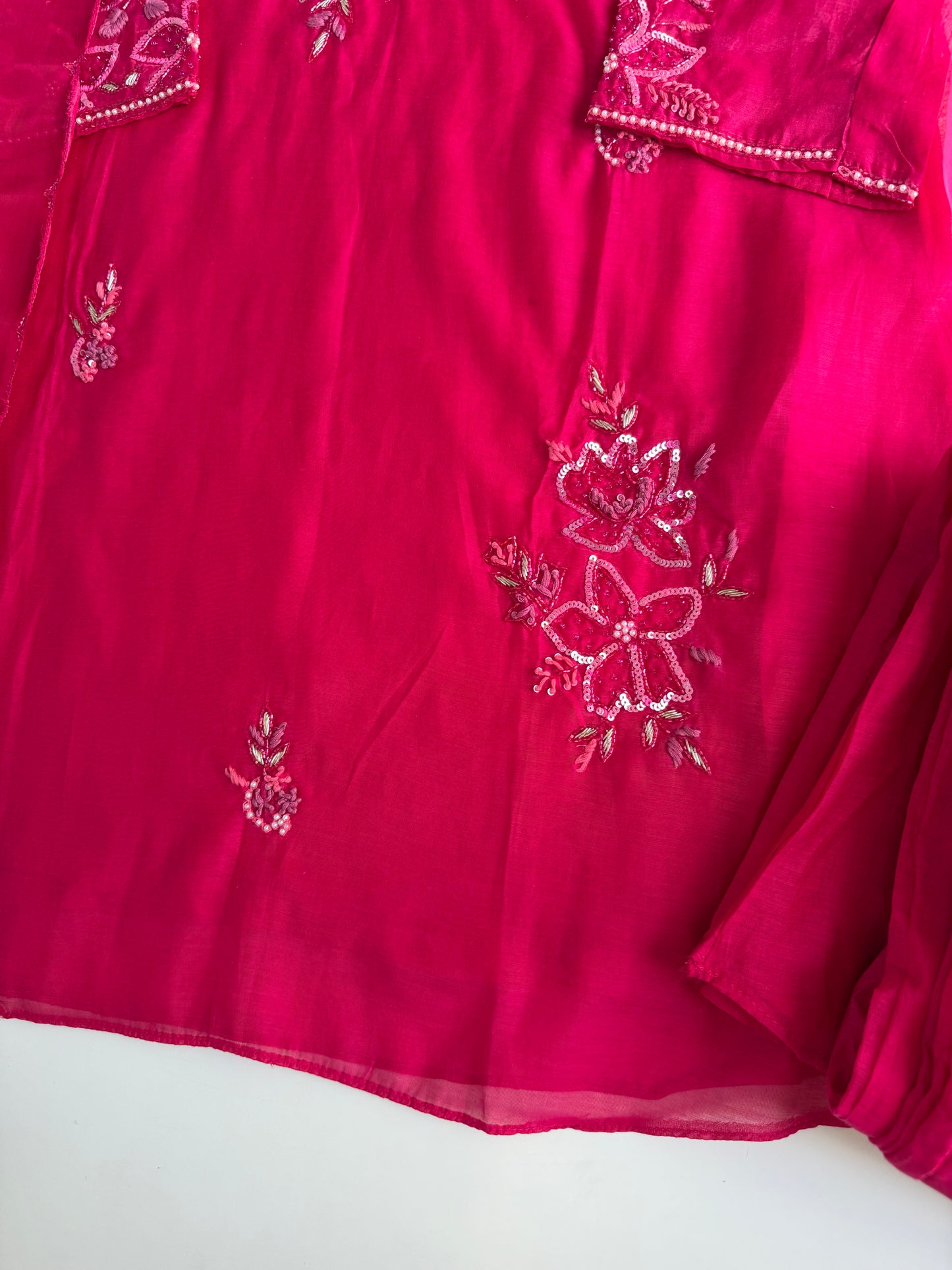 K610 - Mul chanderi handwork short Kurti with pants and dupatta