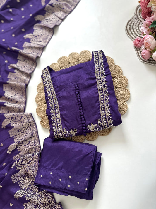 K374-Russian silk Zari work Aline Kurti with pants and dupatta