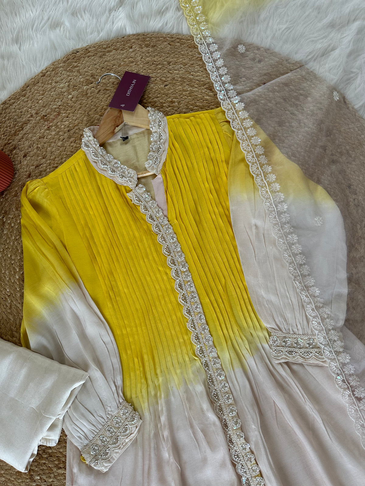 K234 - Pure muslin handwork Aline Kurti with pants and dupatta