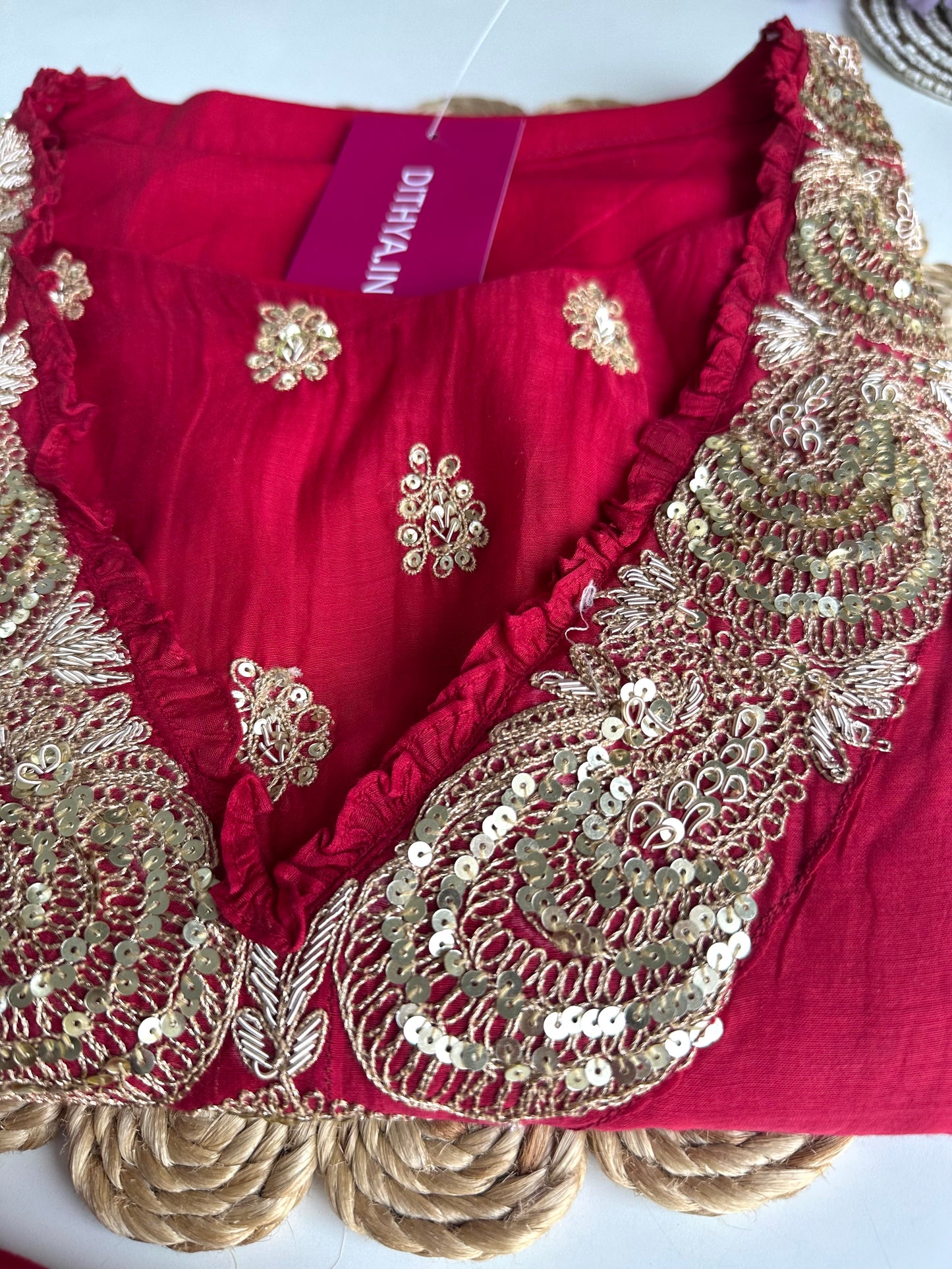 K451 - Mul Chanderi handwork Straight Kurti with inner and pants