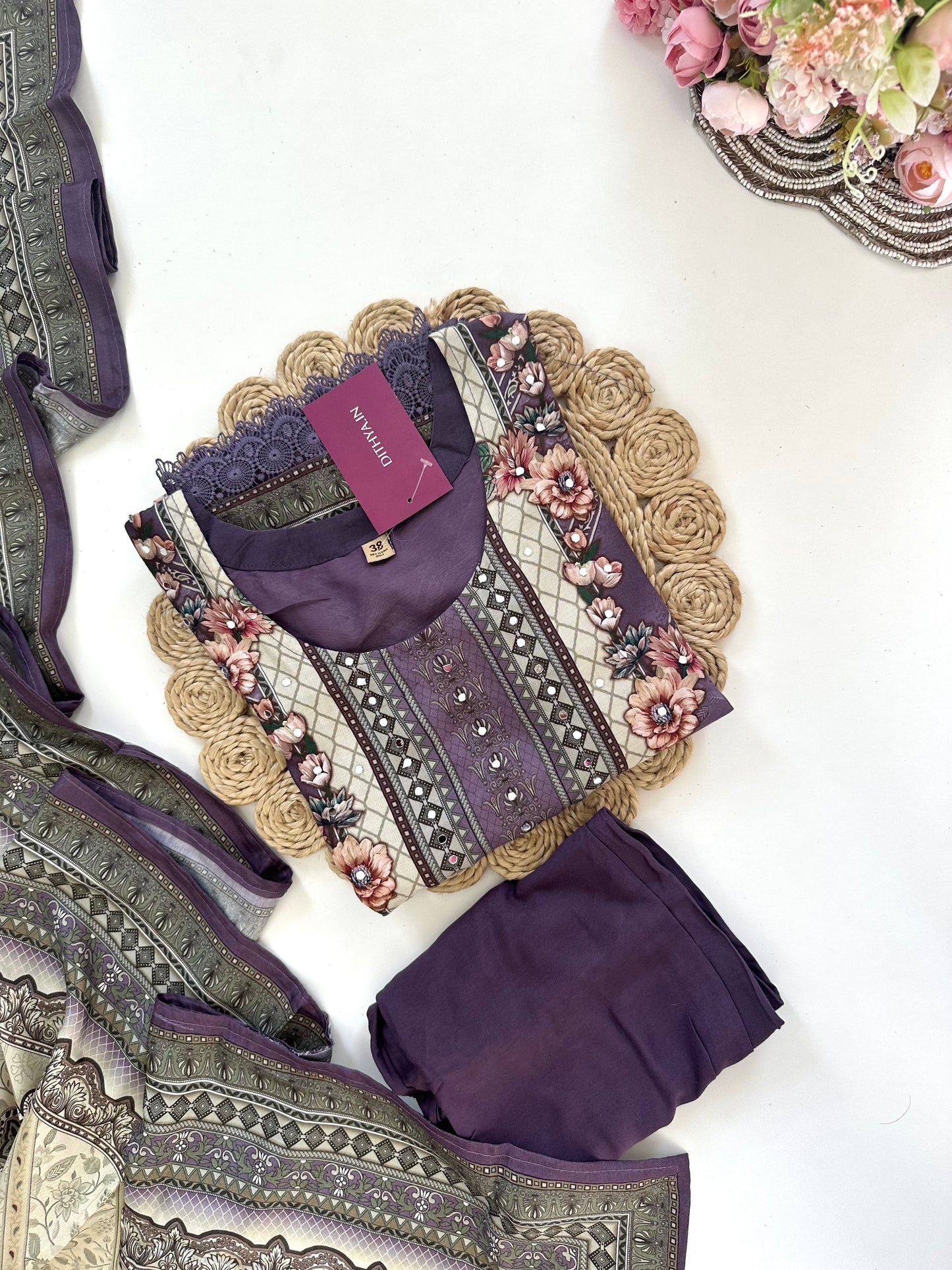 K124 - Pure crepe floral printed straight Kurti with pants and dupatta
