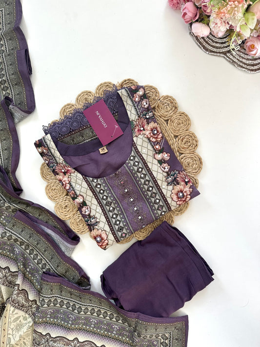 K124 - Pure crepe floral printed straight Kurti with pants and dupatta