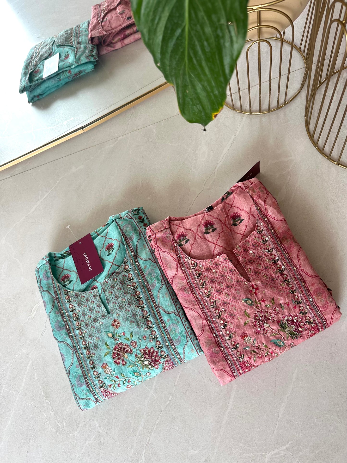 K027 - Soft chanderi handwork straight Kurti with  pants and dupatta in 2 colours