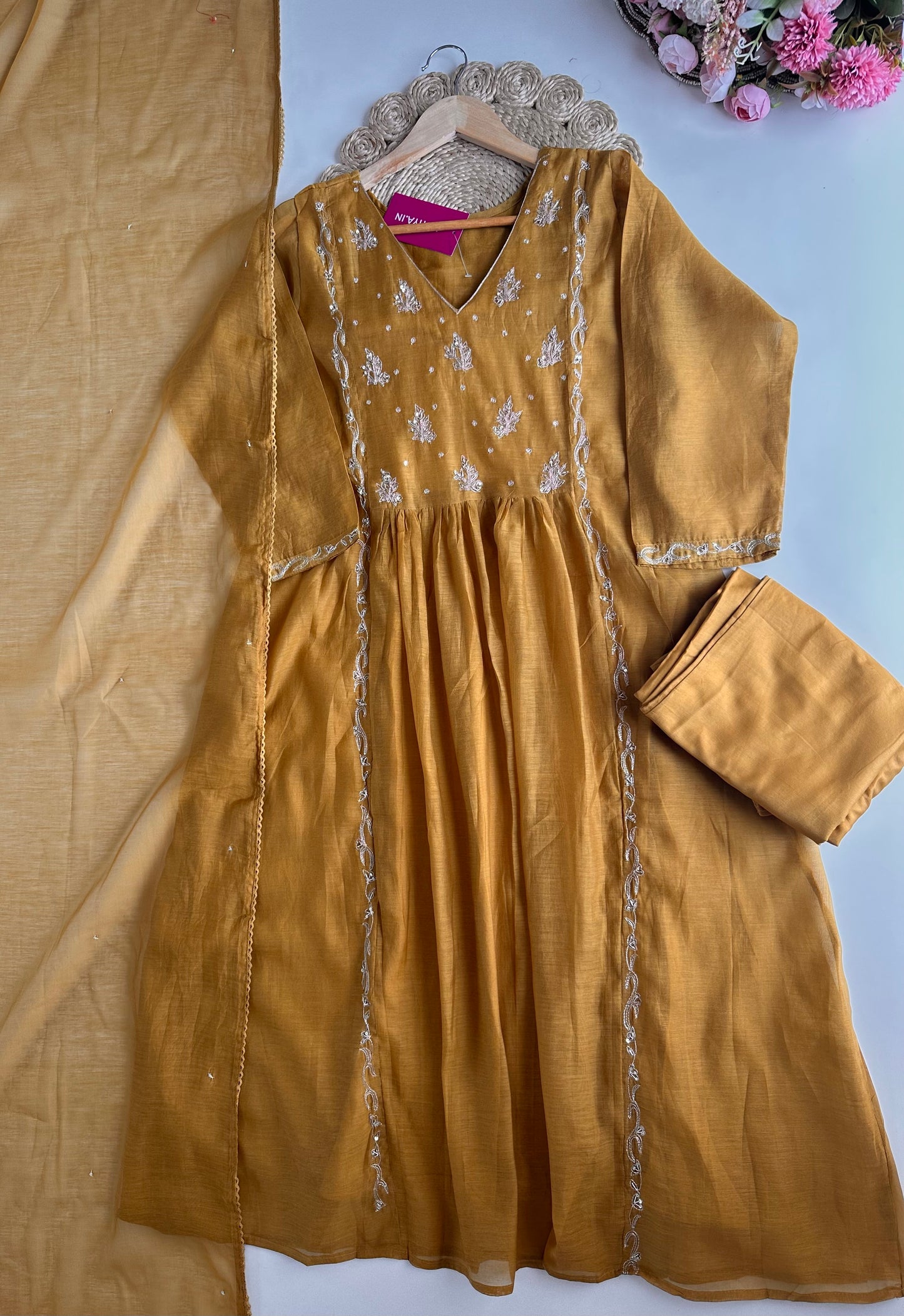 K005 - Mul Chanderi zardosi Anarkali with pants and dupatta in 3 colours