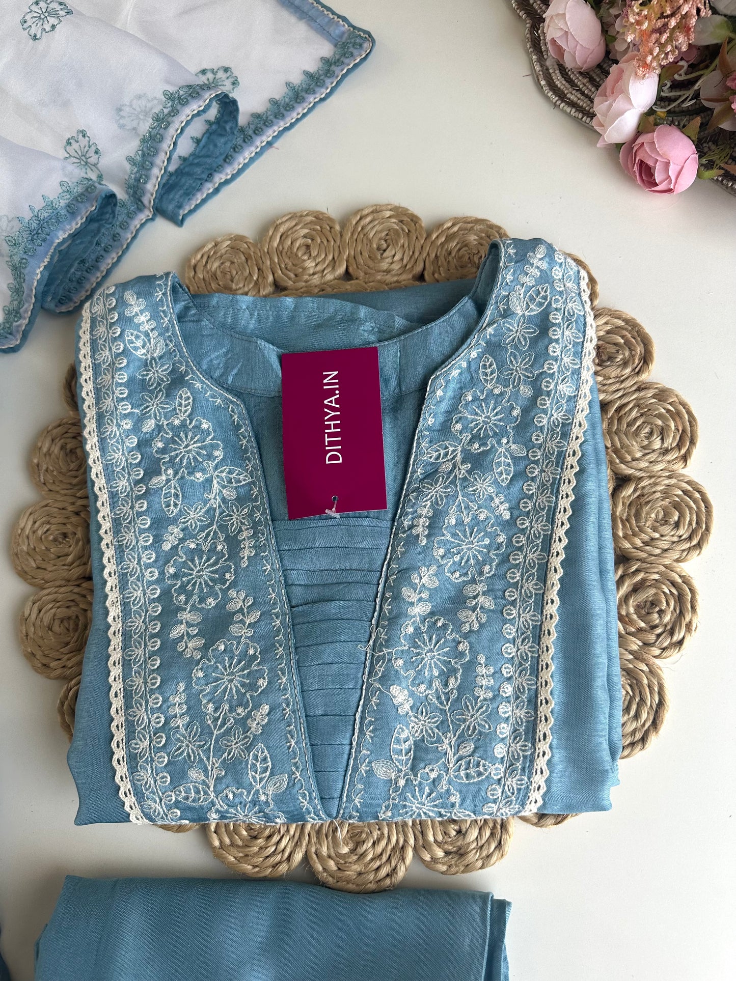 K028 - Russian silk embroidered straight Kurti with pants and dupatta