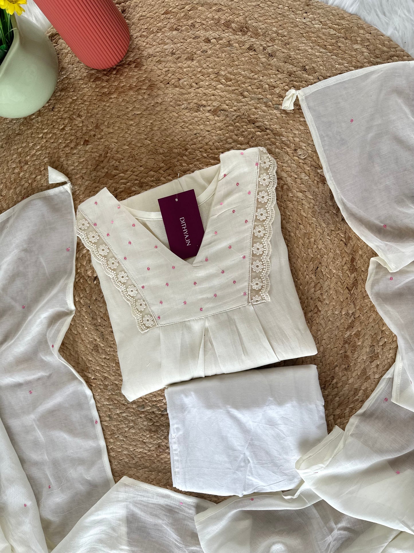 K065 - Mul Chanderi handwork Aline Kurti with pants and dupatta in 3 colours