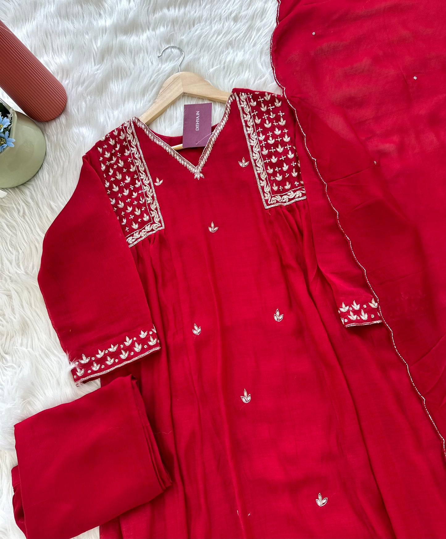 K261 - Mul Chanderi handwork Anarkali with pants and dupatta in 2 colours
