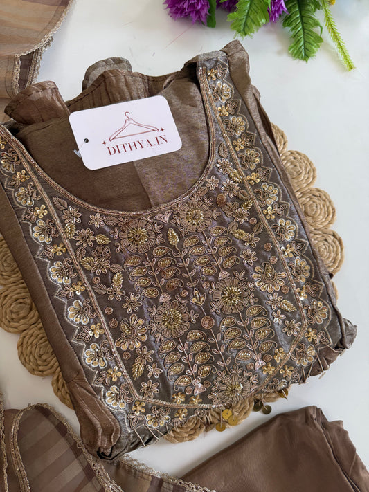 K228 - Crush tissue handwork Anarkali with pants and dupatta