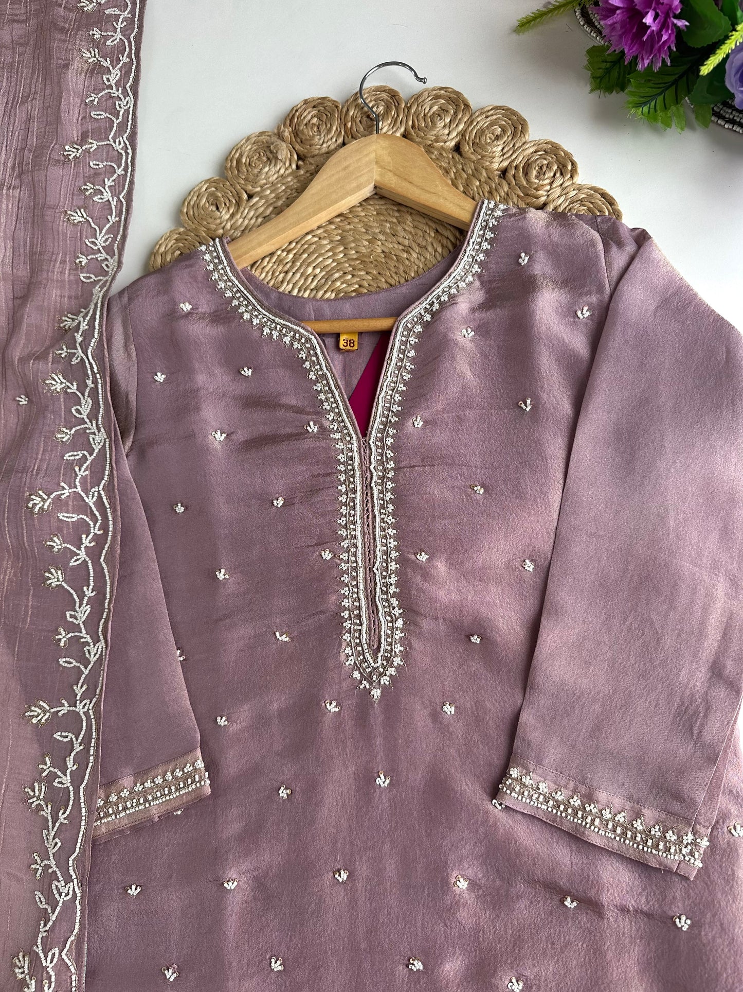 K020 - Tissue silk pearl work straight Kurti with pants and dupatta