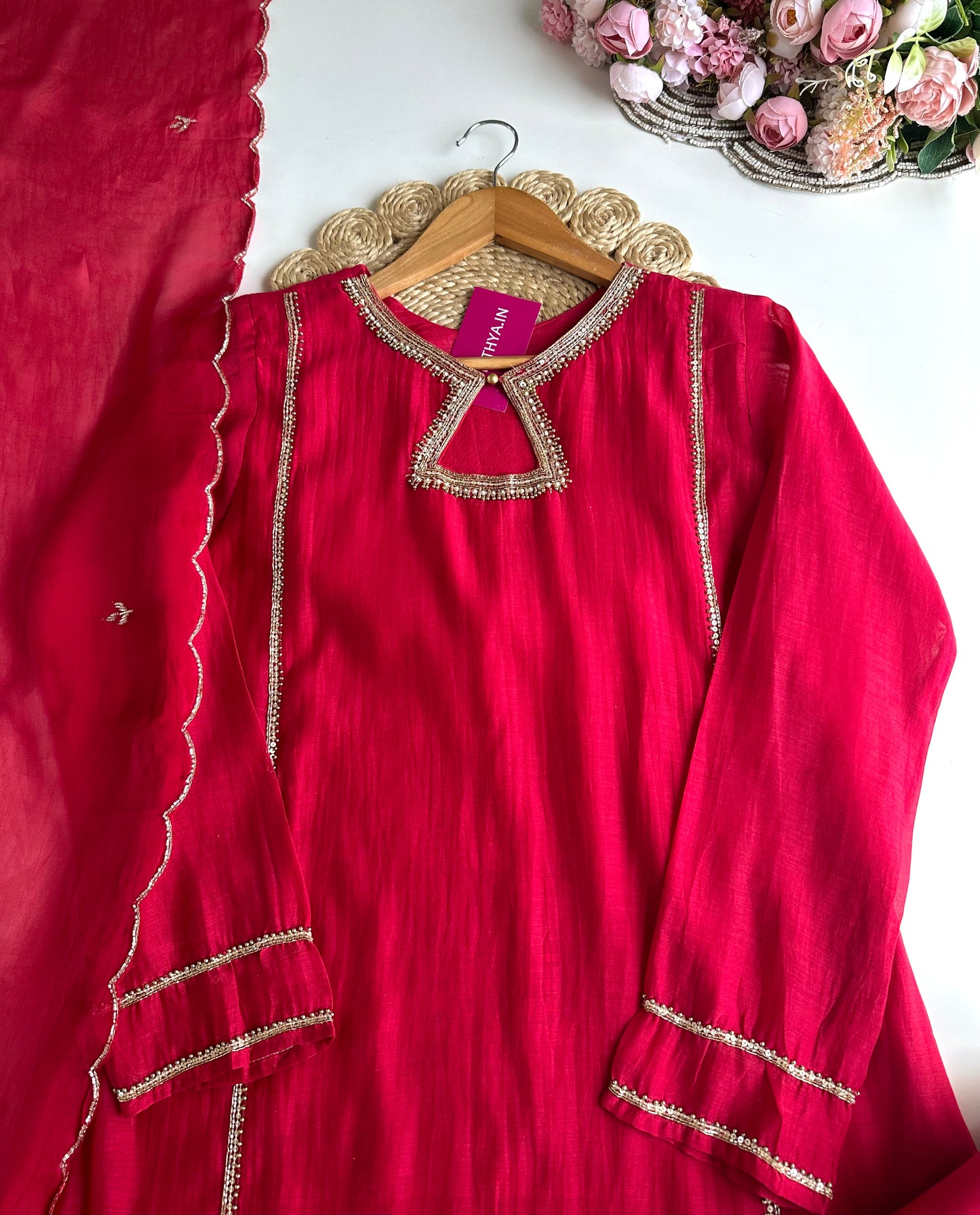 K228 - Mul Chanderi handwork Aline Kurti with pants and dupatta