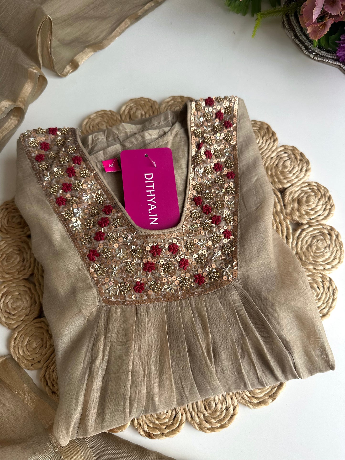 K347 - Mul Chanderi handwork Anarkali with pants and dupatta