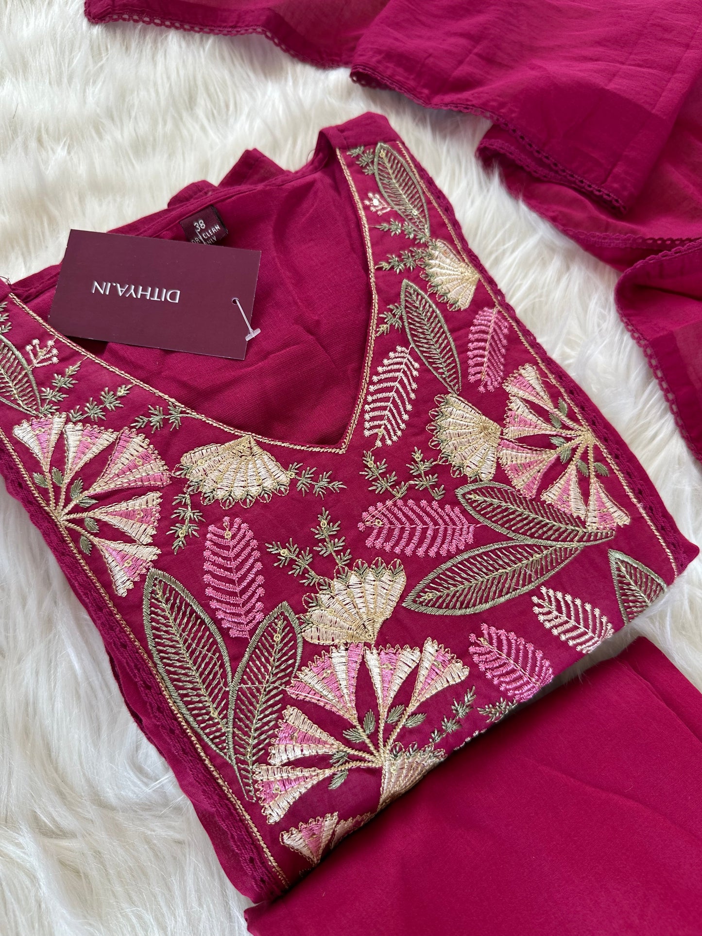 K012 - Mulmul cotton embroidered Aline Kurti with pants and dupatta in 2 colours
