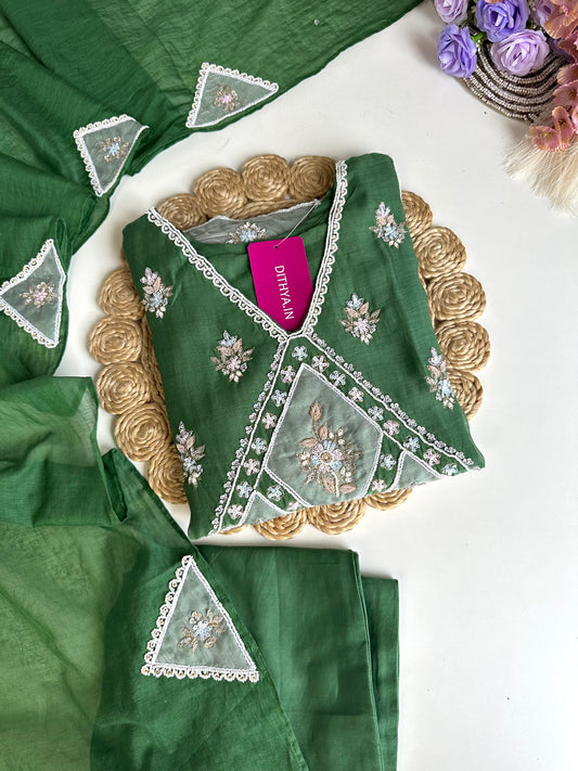 K329 - Mul Chanderi handwork straight Kurti with pants and dupatta